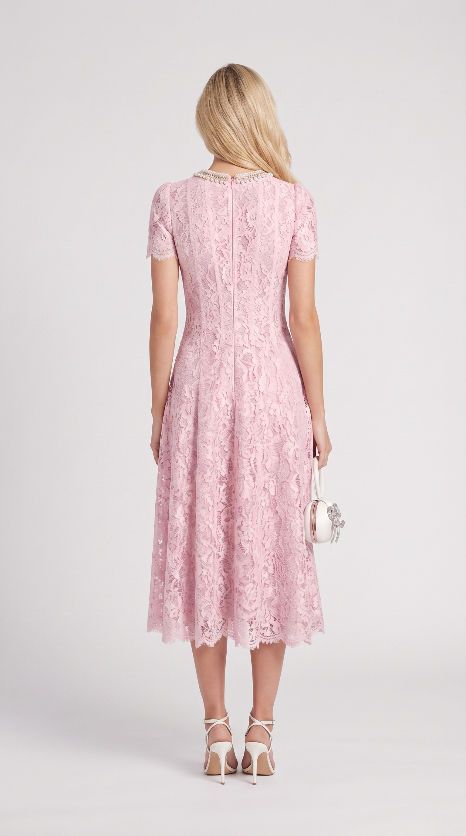 Agave - Pearl Collar Sequined Lace A-Line Midi Dress Pink