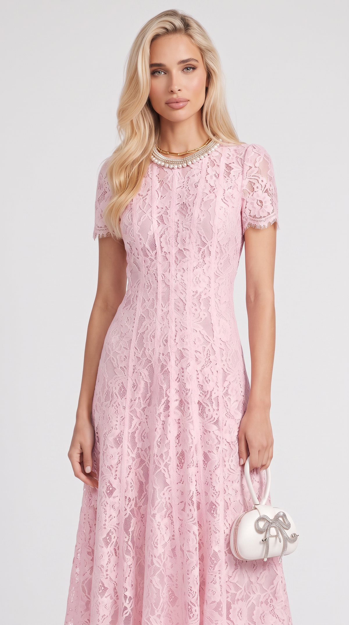Agave - Pearl Collar Sequined Lace A-Line Midi Dress Pink