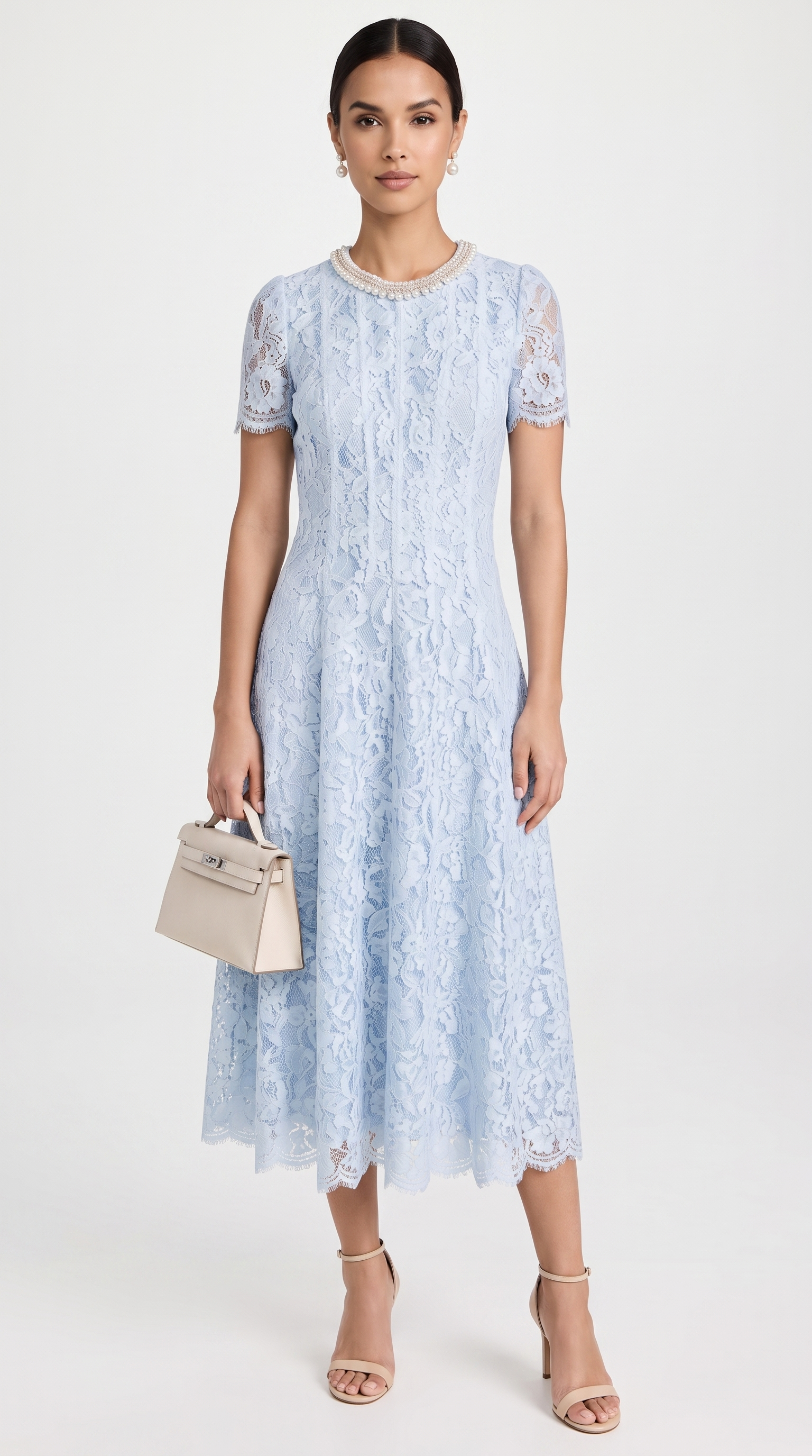 Agave - Pearl Collar Sequined Lace A-Line Midi Dress Light Blue