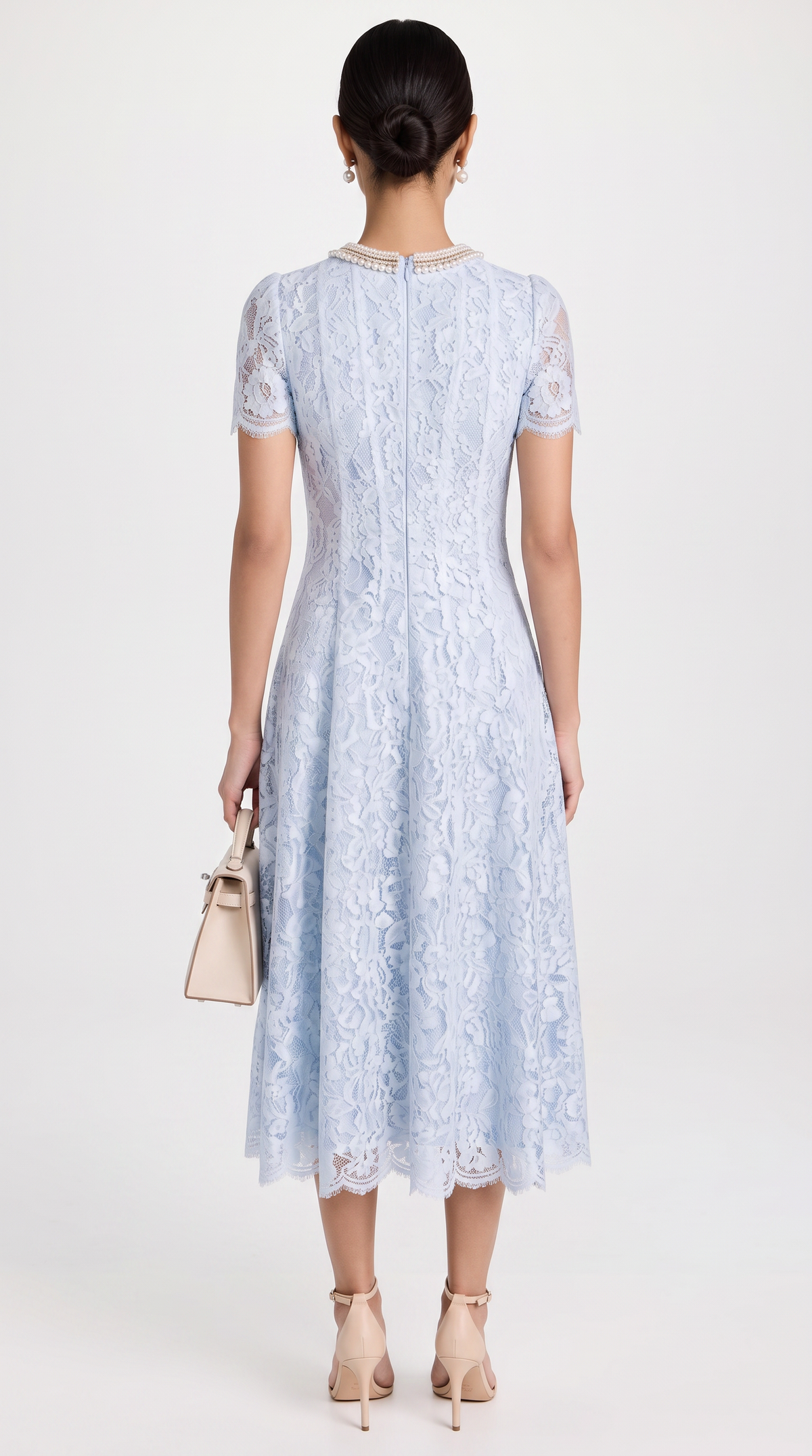 Agave - Pearl Collar Sequined Lace A-Line Midi Dress Light Blue