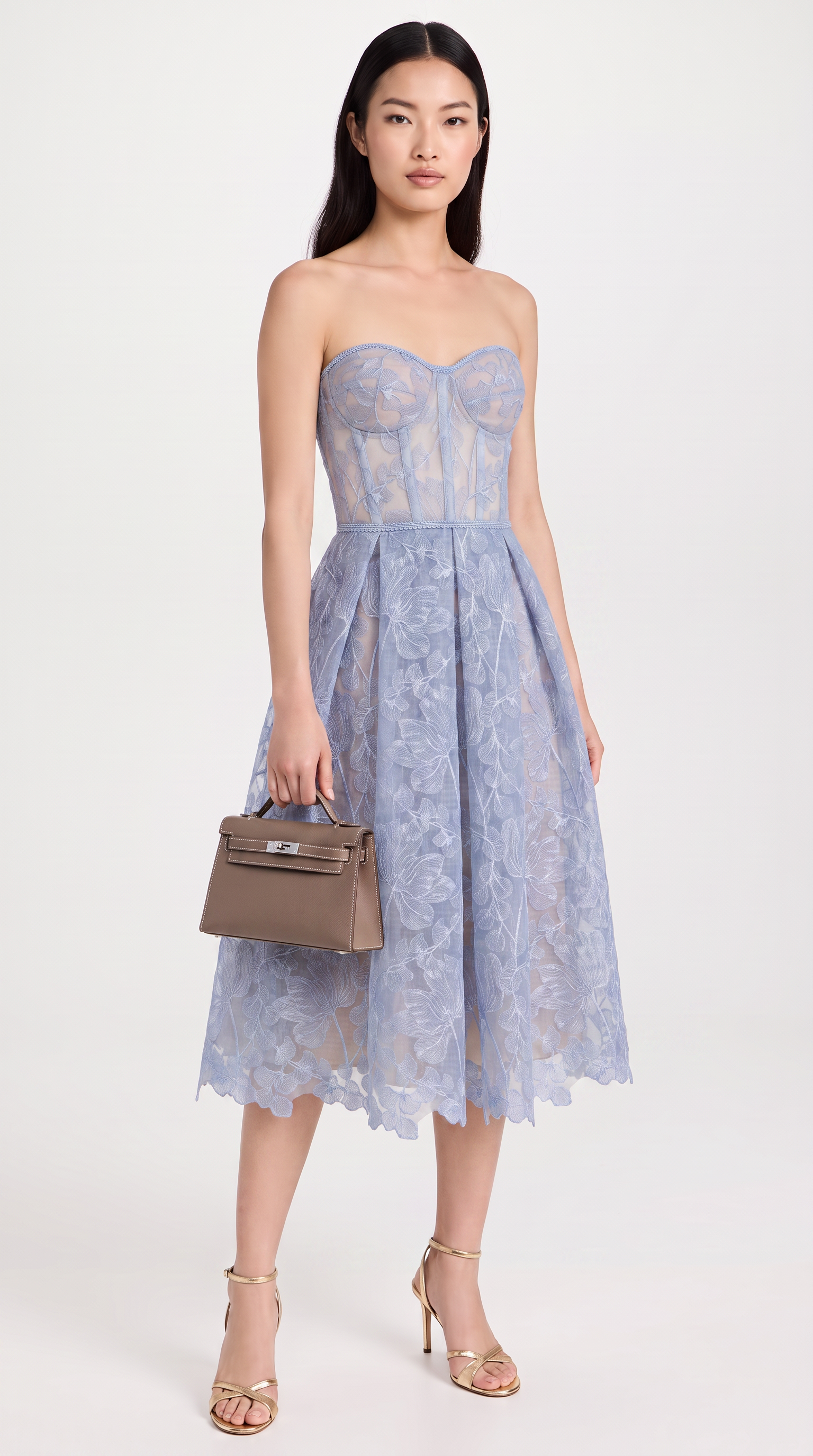 Melos - Embroidered Corseted A-Line Midi Dress Baby Blue