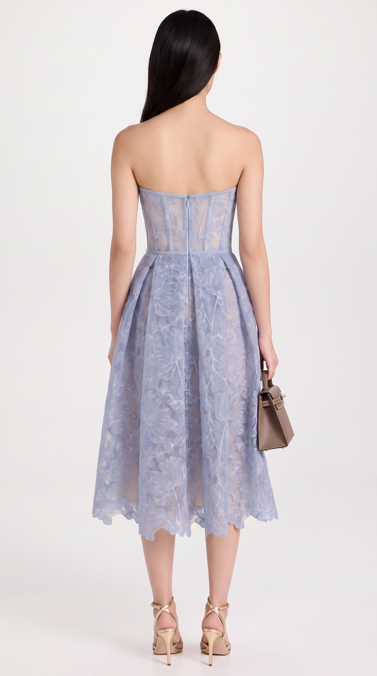 Melos - Embroidered Corseted A-Line Midi Dress Baby Blue