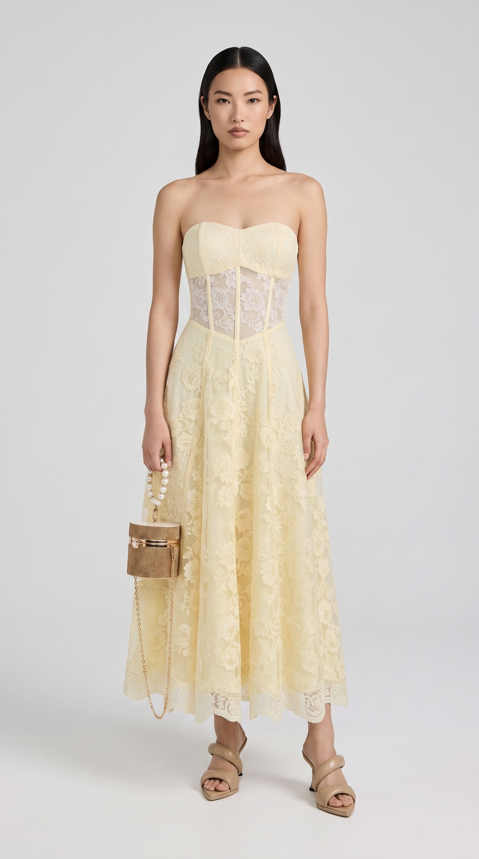 Brisa - Strapless Corseted Lace-Up Midi Dress Yellow
