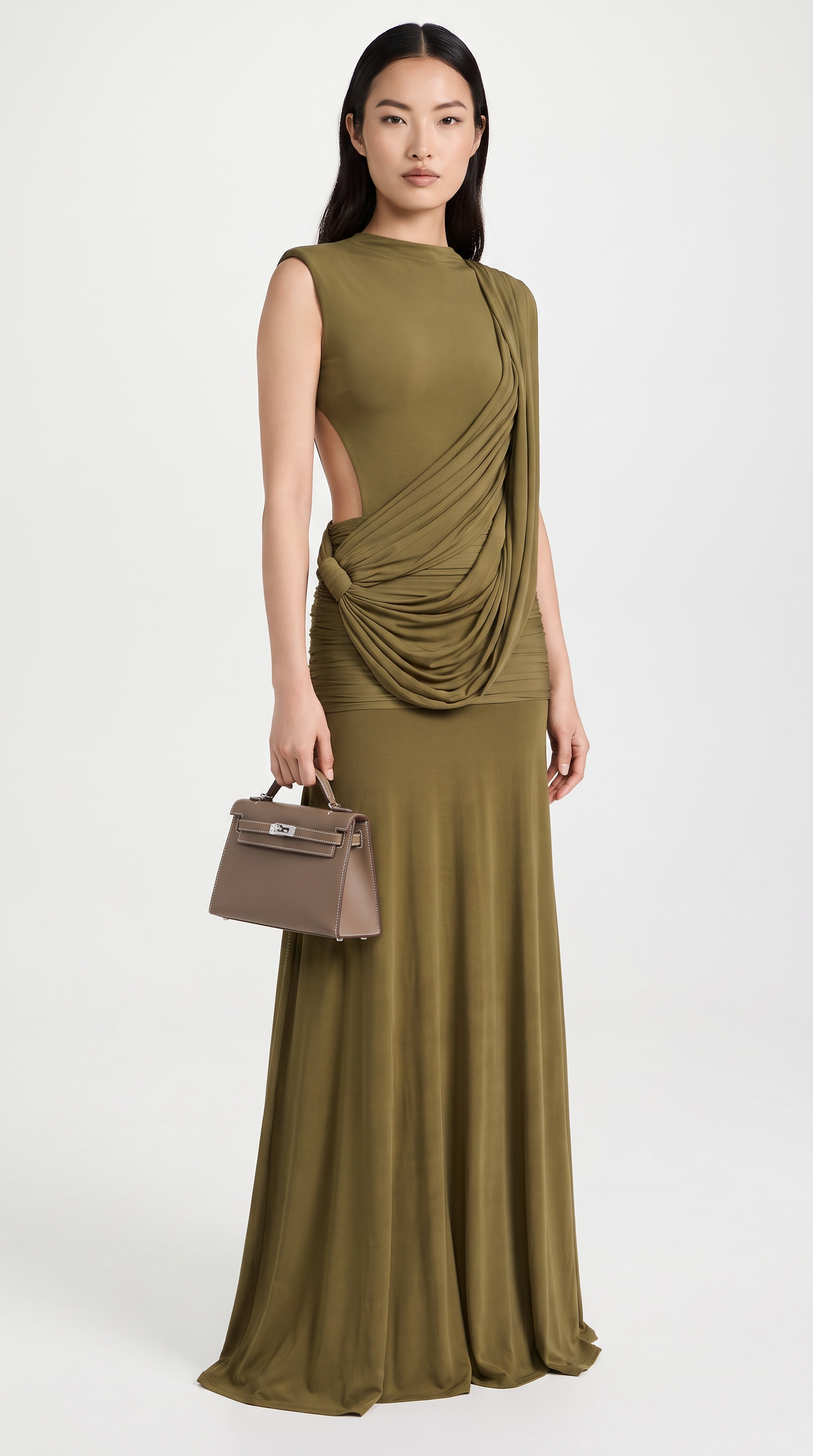 Vento - Draped Cowl Asymmetric Open-Back Maxi Dress Green