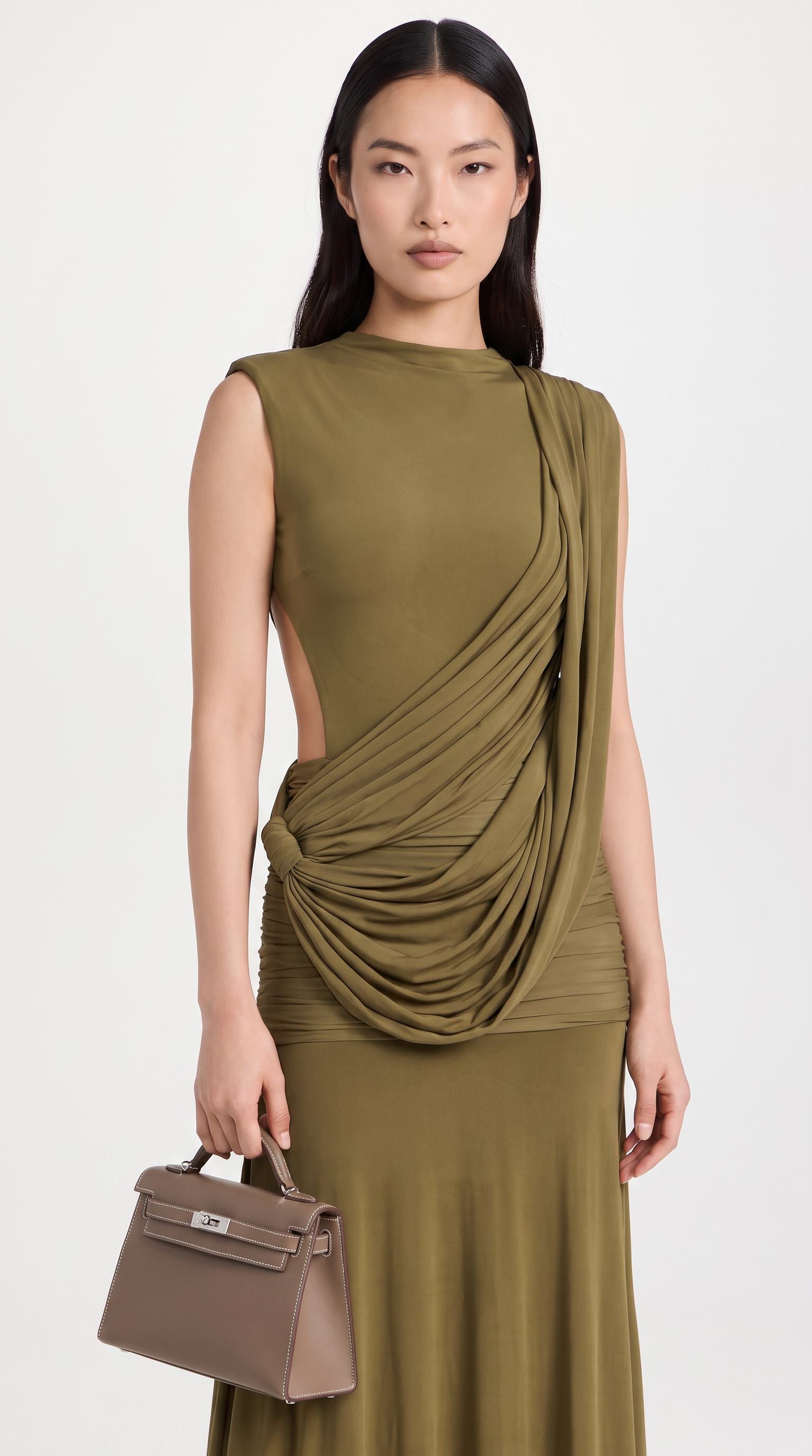 Vento - Draped Cowl Asymmetric Open-Back Maxi Dress Green