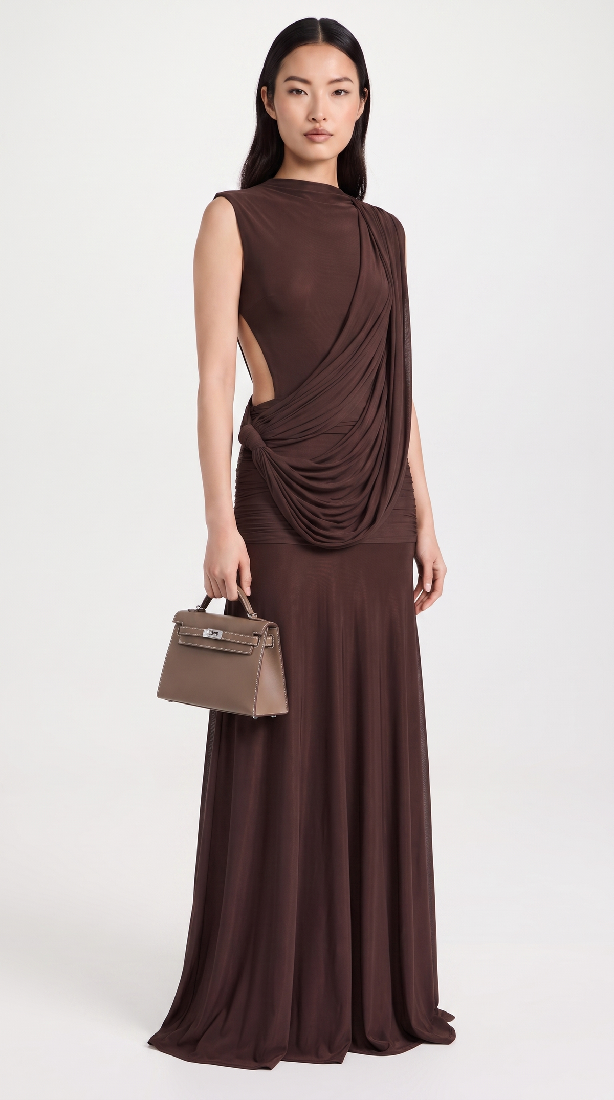 Vento - Draped Cowl Asymmetric Open-Back Maxi Dress Brown