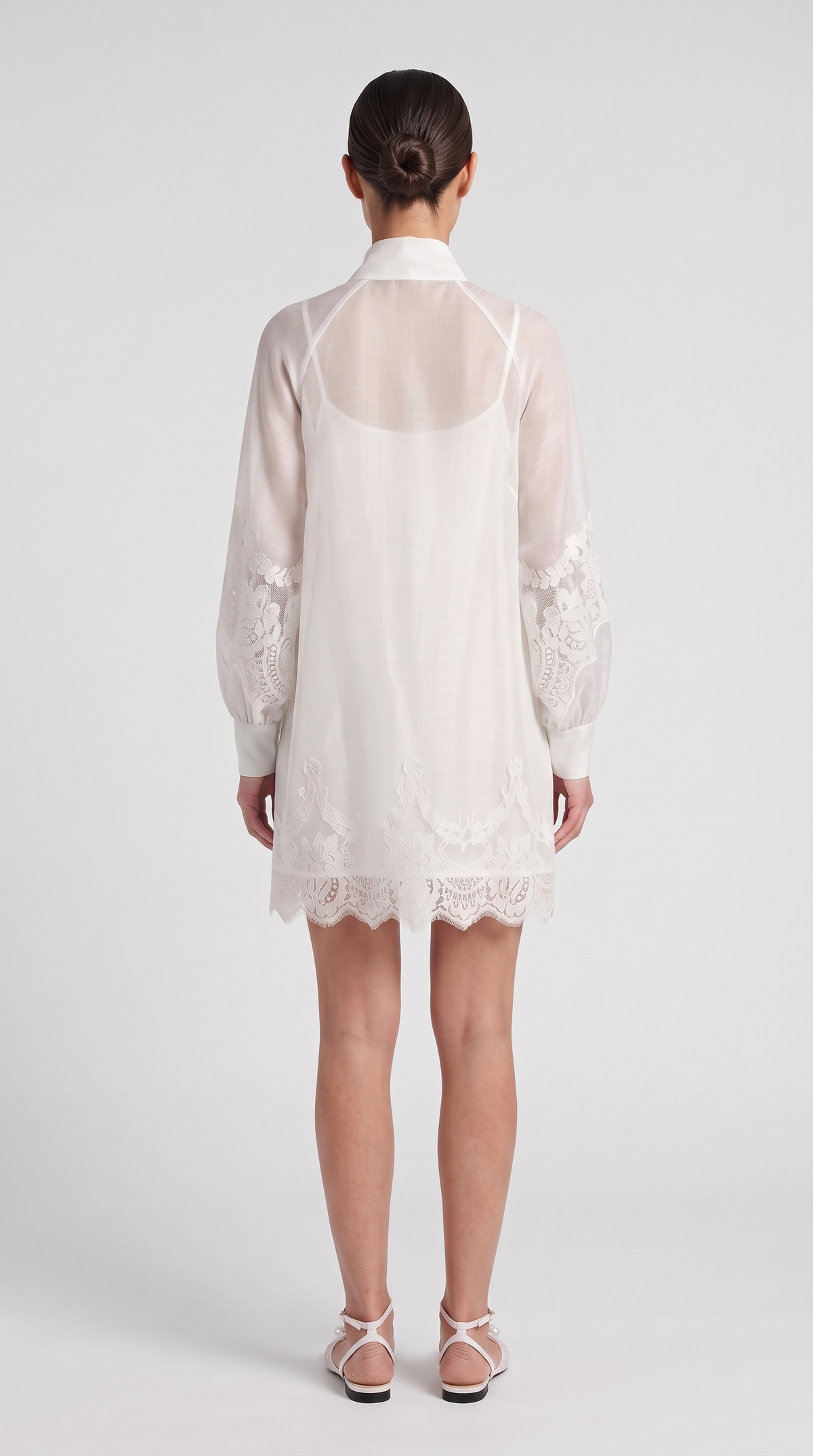Skia - Lace-Trimmed Sheer Bow-Neck Mini Dress