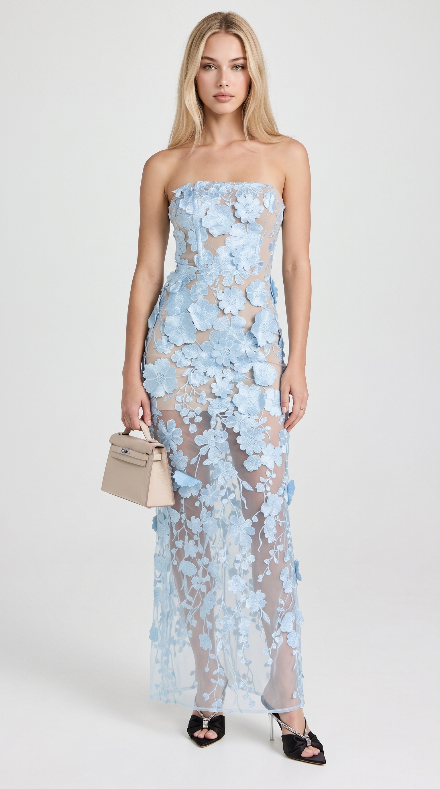 Pram - 3D Floral Appliqué Strapless Column Maxi Dress Baby Blue