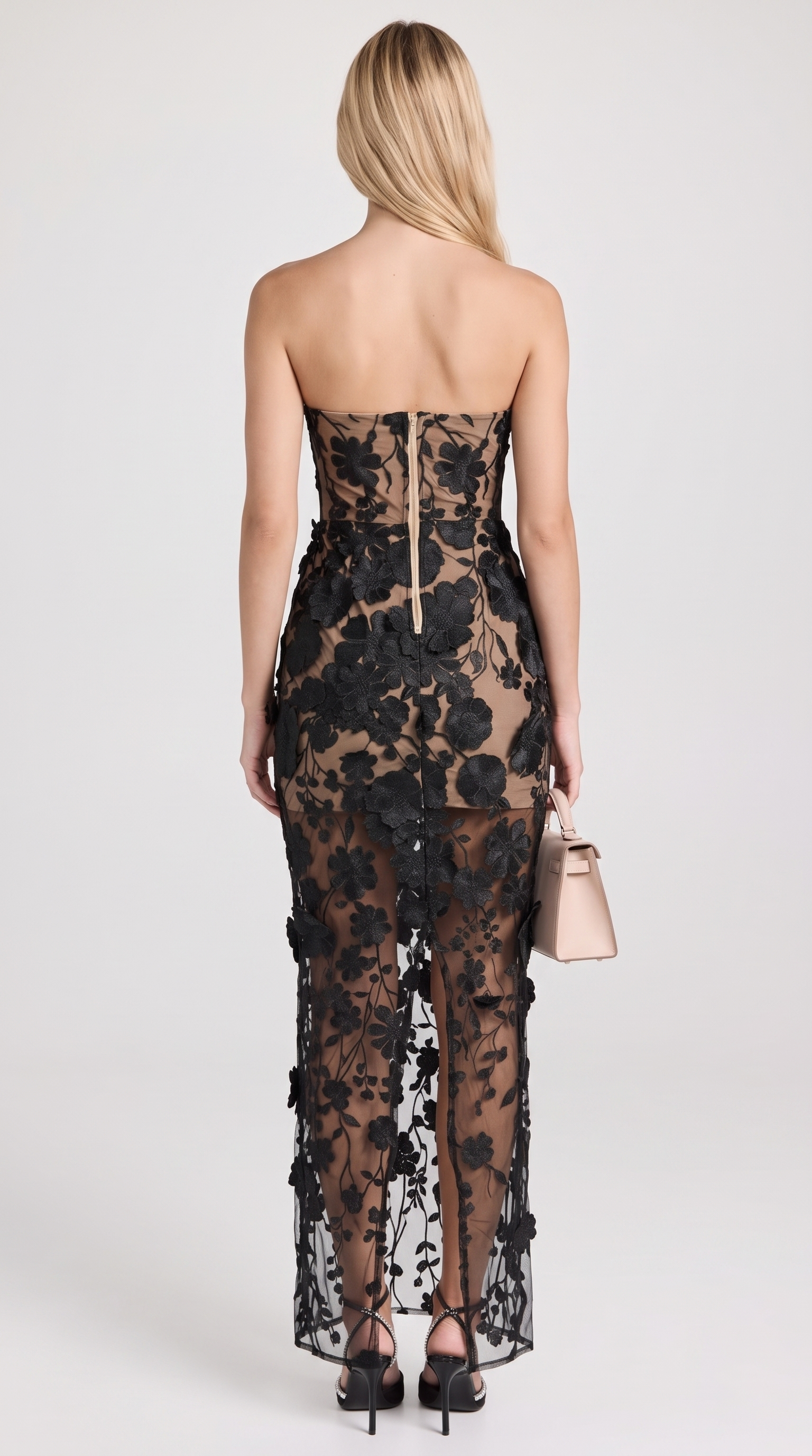 Pram - 3D Floral Appliqué Strapless Column Maxi Dress Black