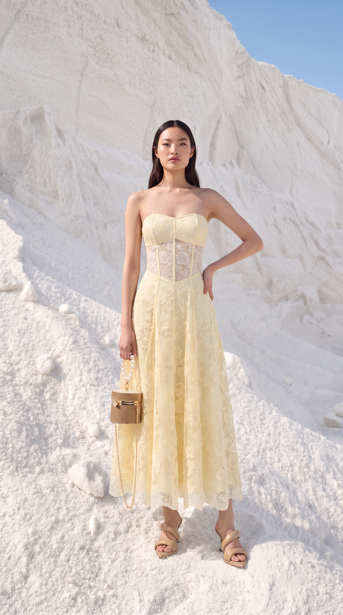 Brisa - Strapless Corseted Lace-Up Midi Dress Yellow