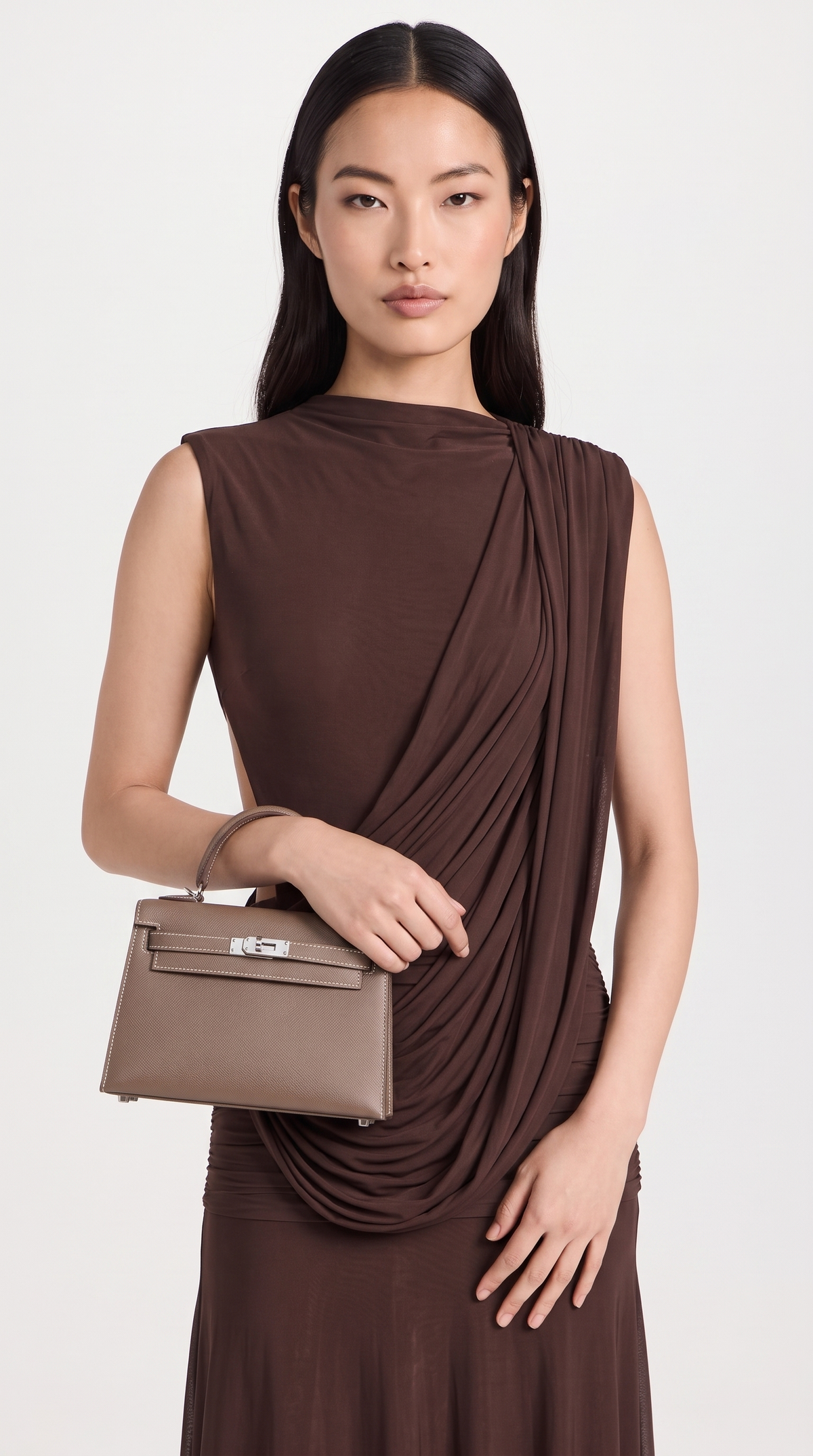 Vento - Draped Cowl Asymmetric Open-Back Maxi Dress Brown