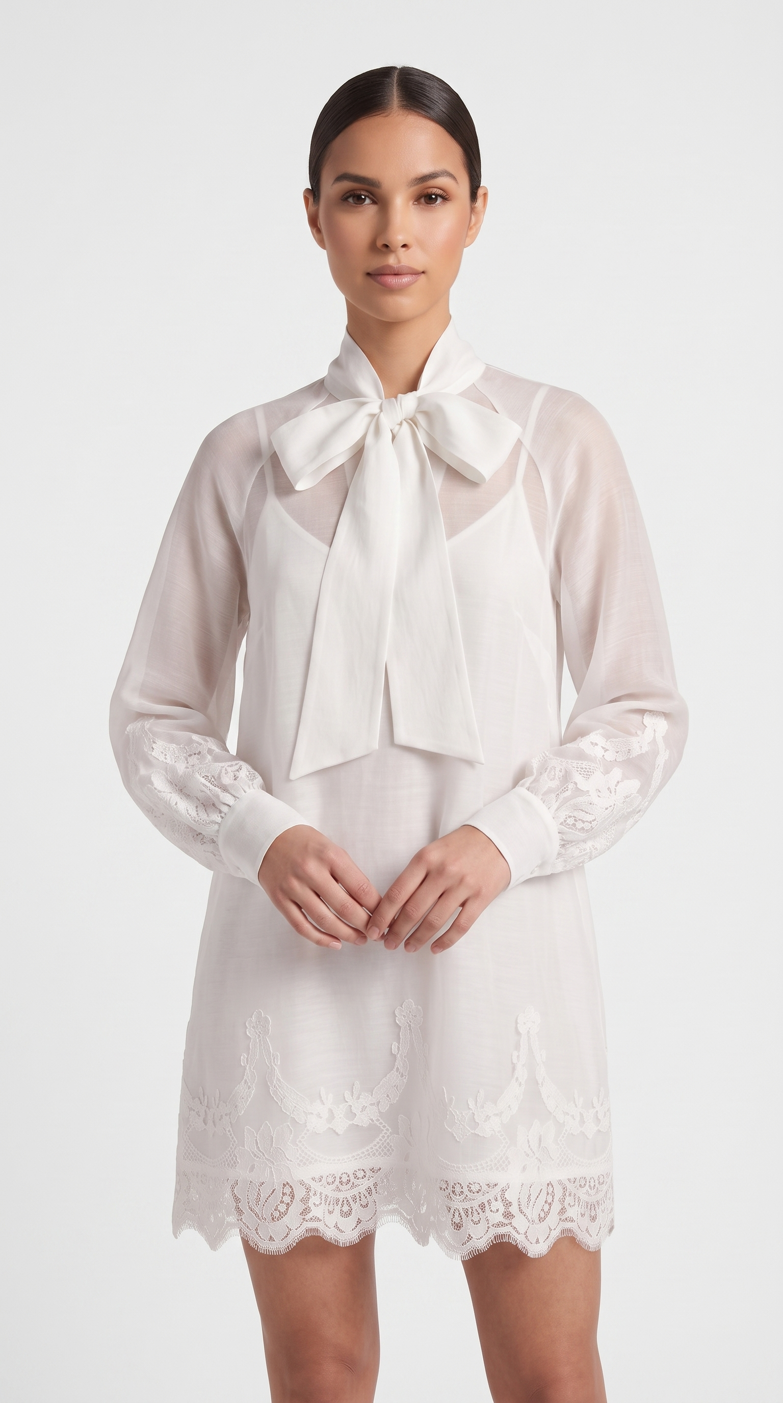 Skia - Lace-Trimmed Sheer Bow-Neck Mini Dress