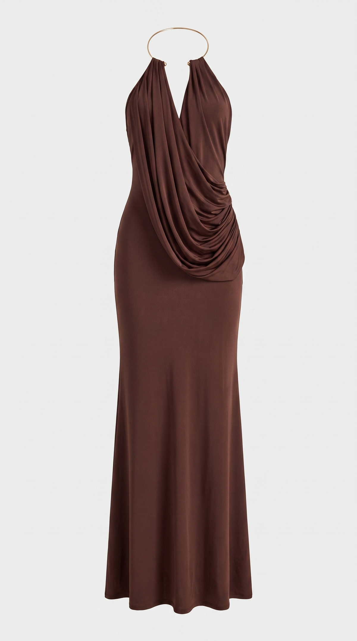 Ambra - Metallic Choker Draped Open-Back Maxi Dress Brown
