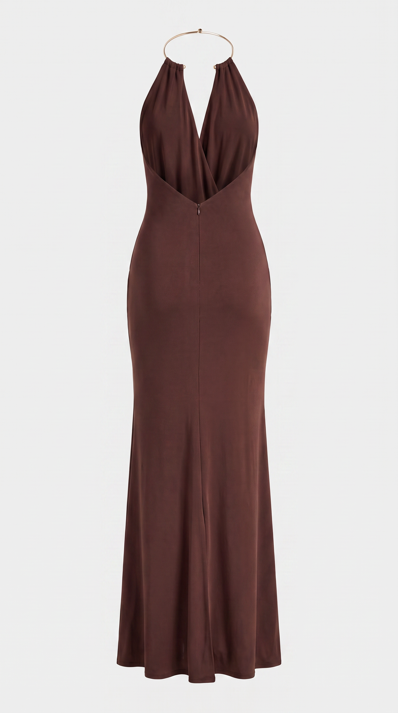 Ambra - Metallic Choker Draped Open-Back Maxi Dress Brown