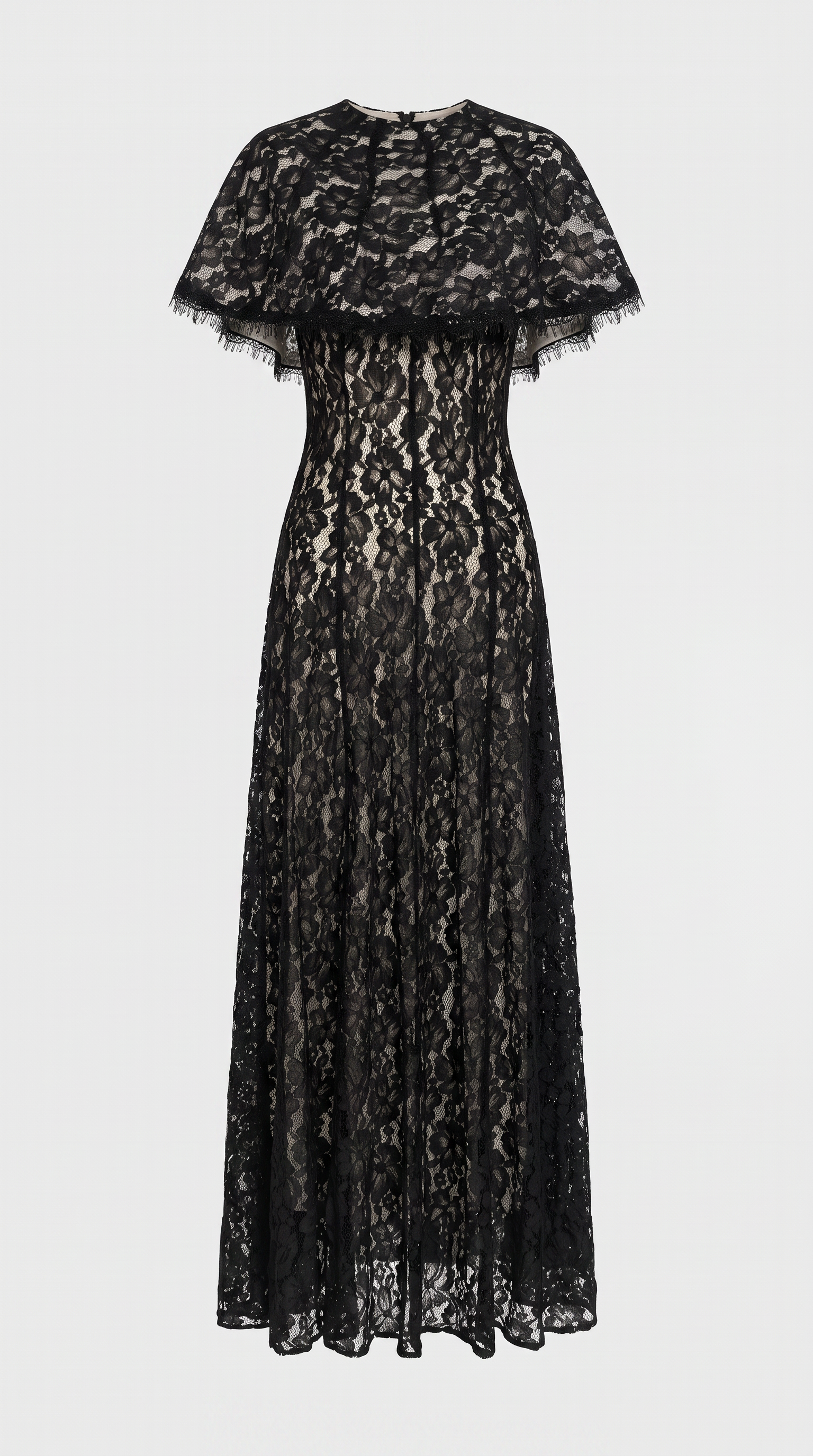 Elba - Lace Maxi Slip Dress with Detachable Capelet Black