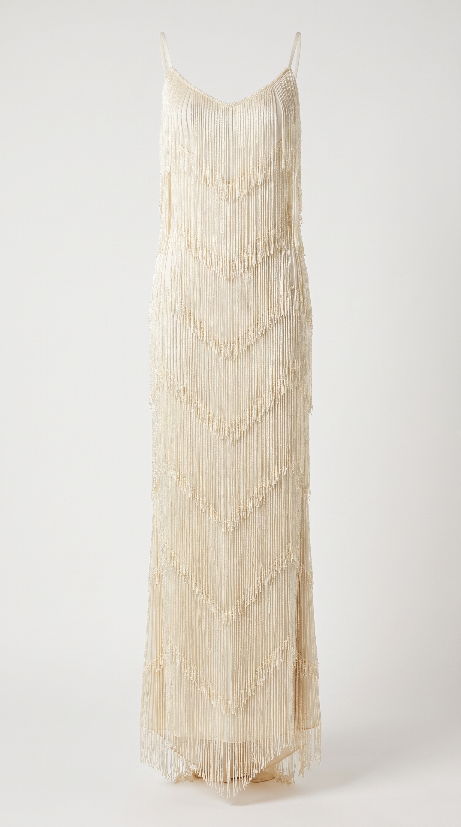 Menti - Tiered Chevron Fringe Open-Back Maxi Slip Dress Ivory