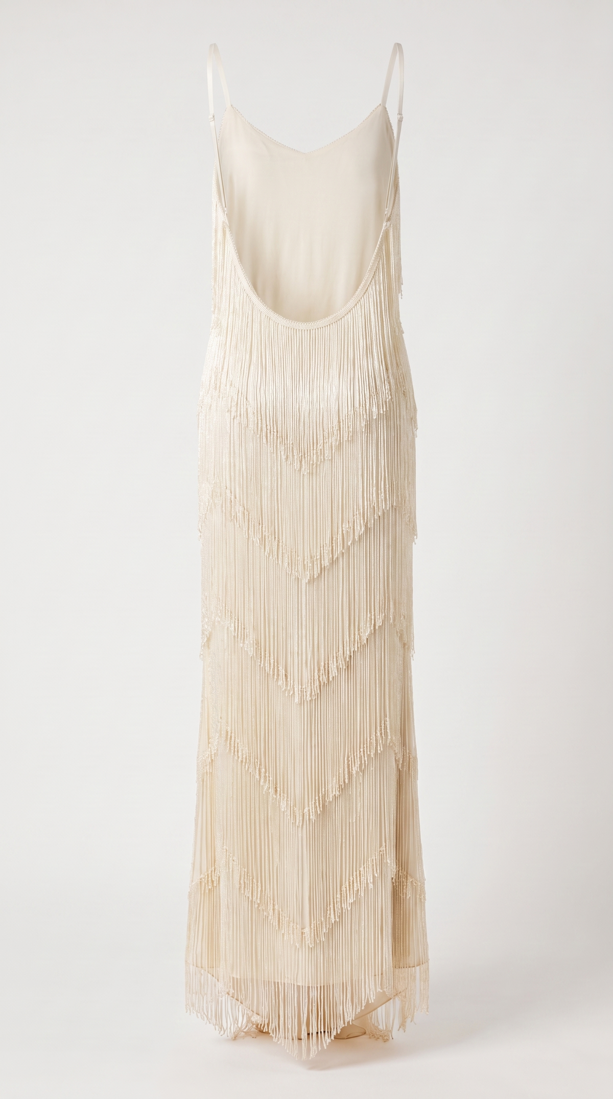 Menti - Tiered Chevron Fringe Open-Back Maxi Slip Dress Ivory