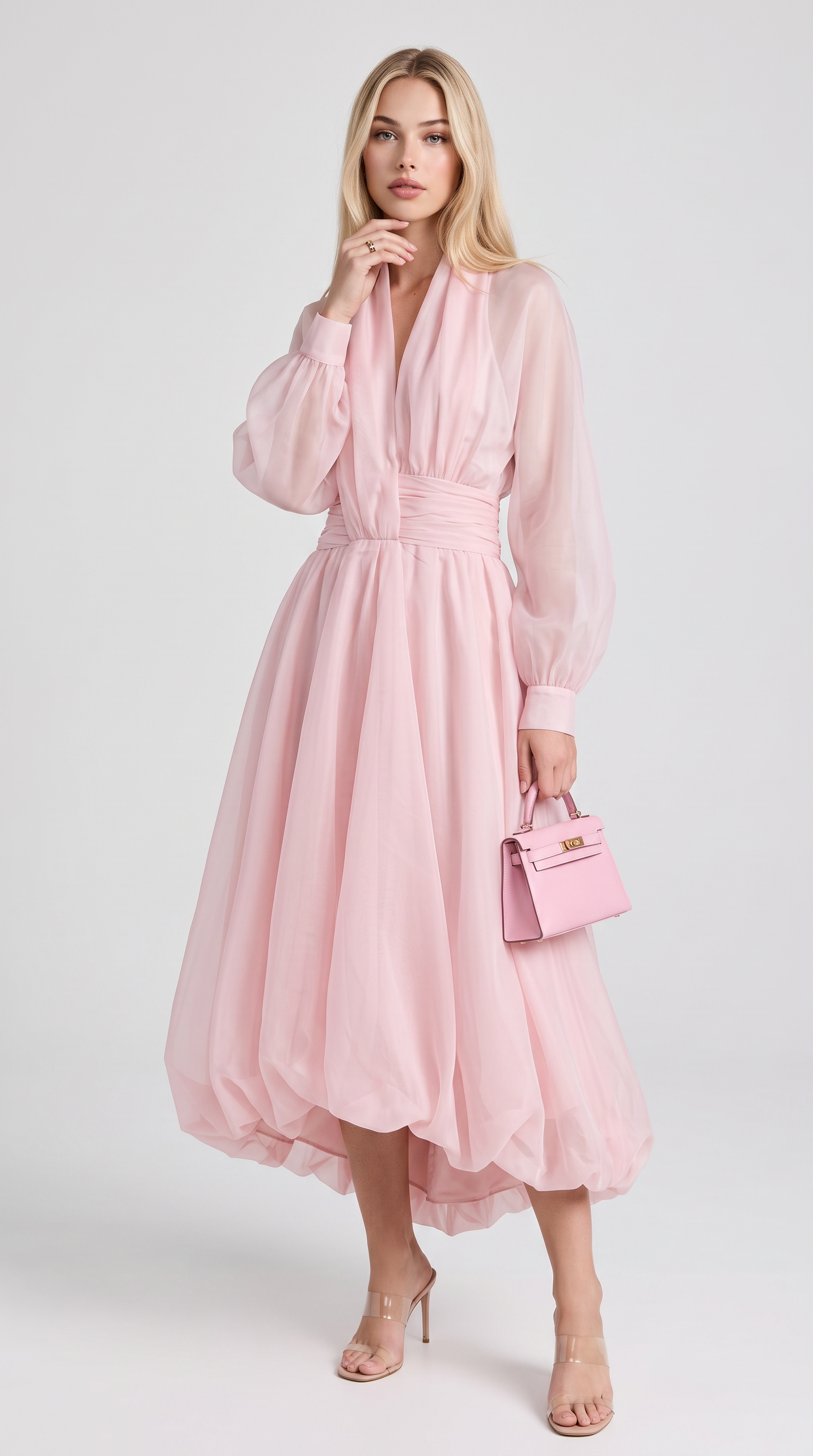 Zante - Draped V-Neck Bubble-Hem Organza Midi Dress Pink