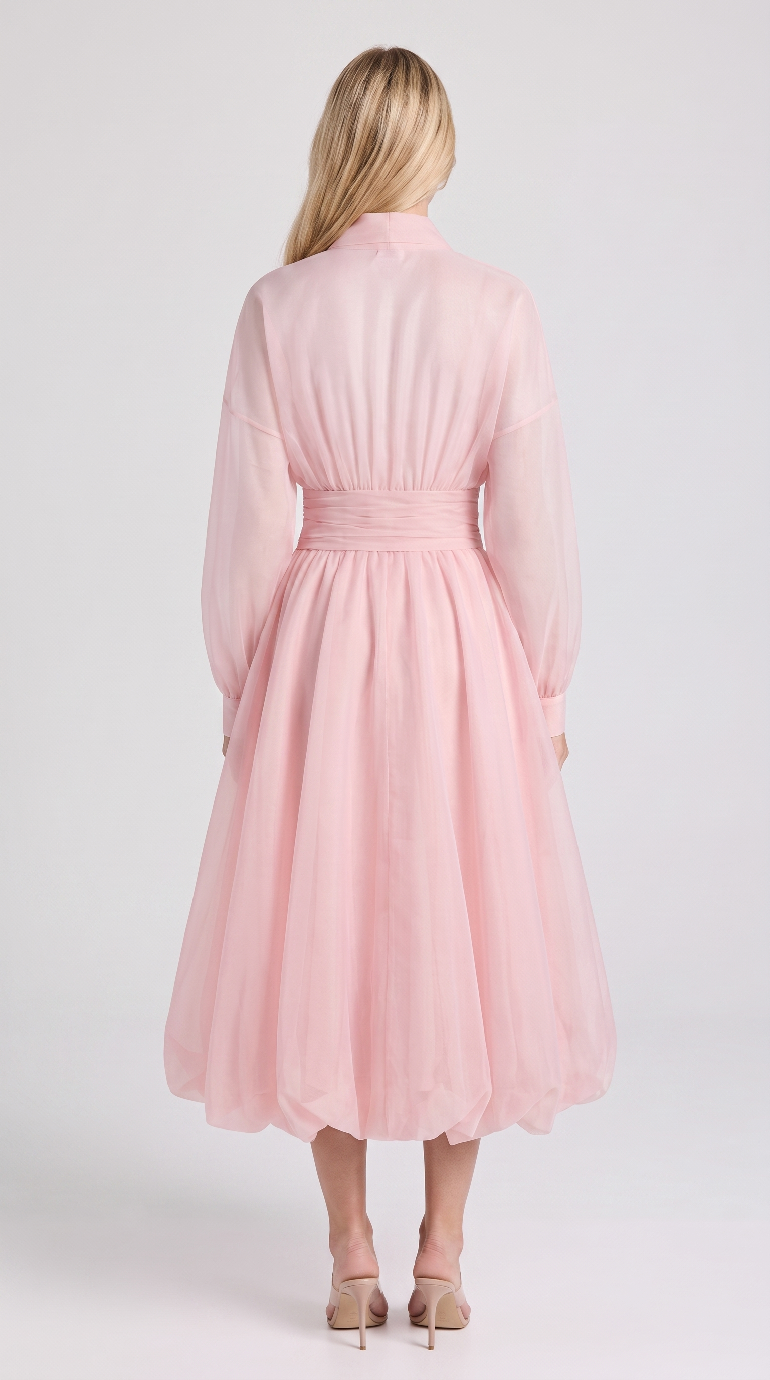 Zante - Draped V-Neck Bubble-Hem Organza Midi Dress Pink