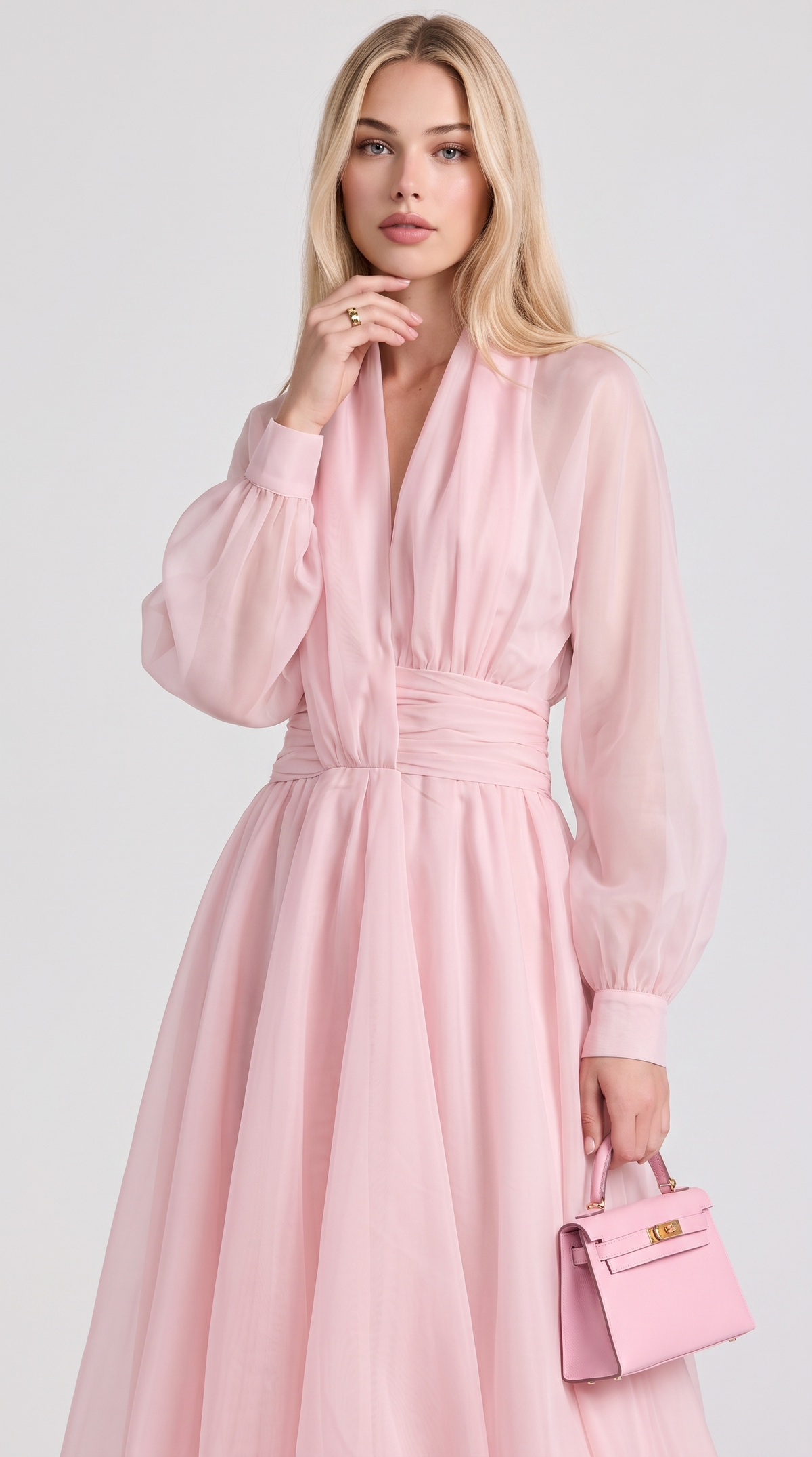 Zante - Draped V-Neck Bubble-Hem Organza Midi Dress Pink