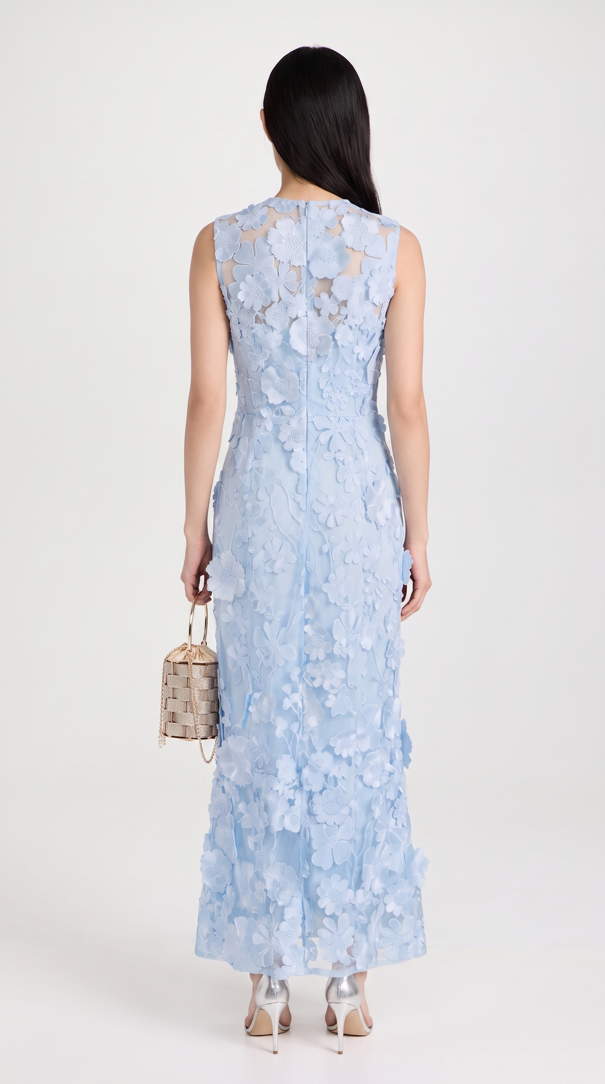 Kyma - 3D Floral Appliqué Sleeveless Column Maxi Dress Blue