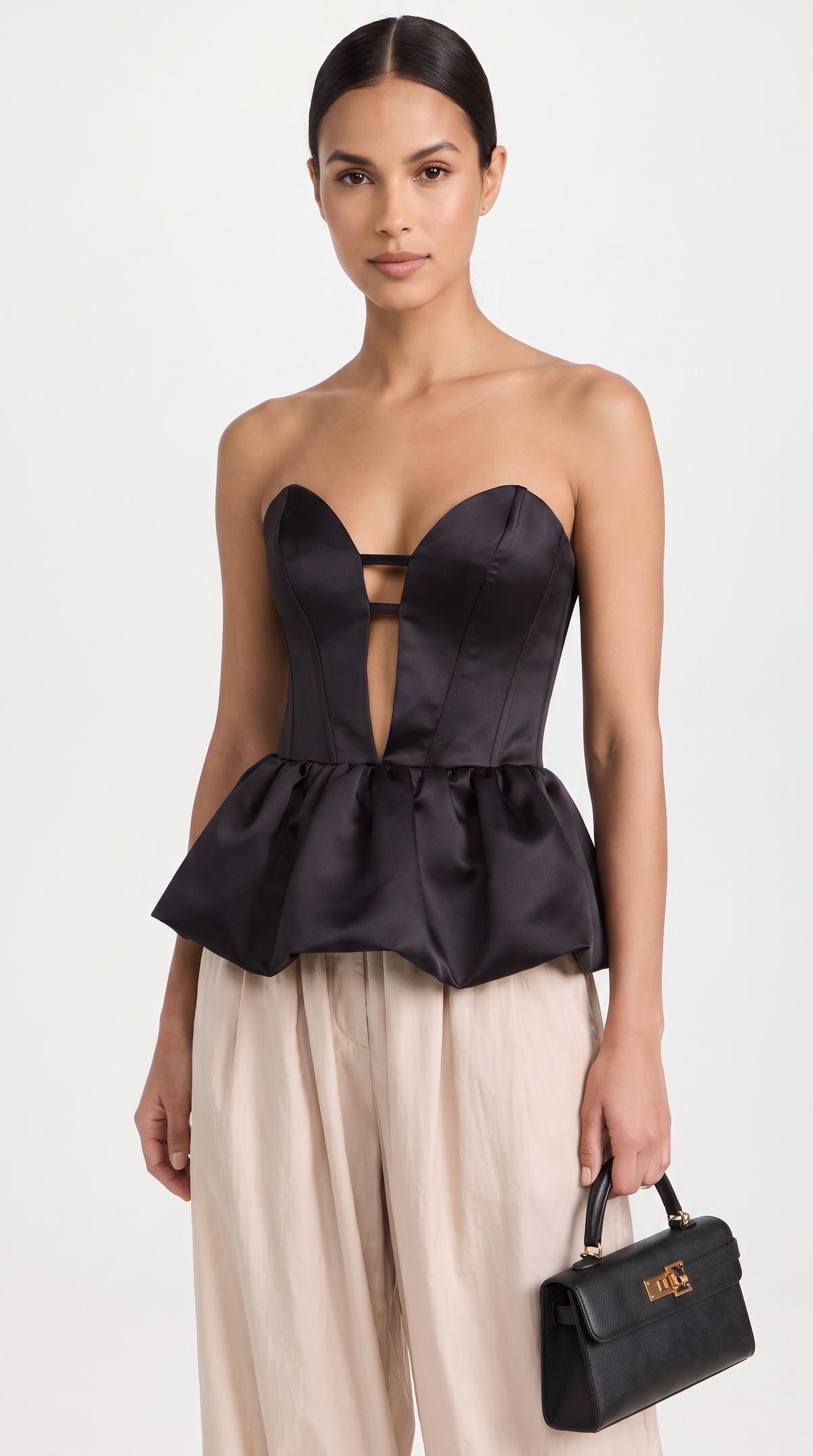 Salina - Strapless Cutout Plunge Peplum Corset Top Black