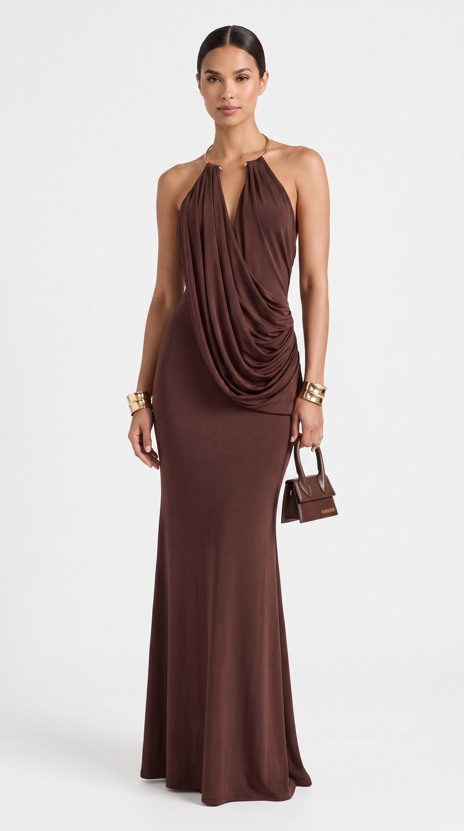 Ambra - Metallic Choker Draped Open-Back Maxi Dress Brown