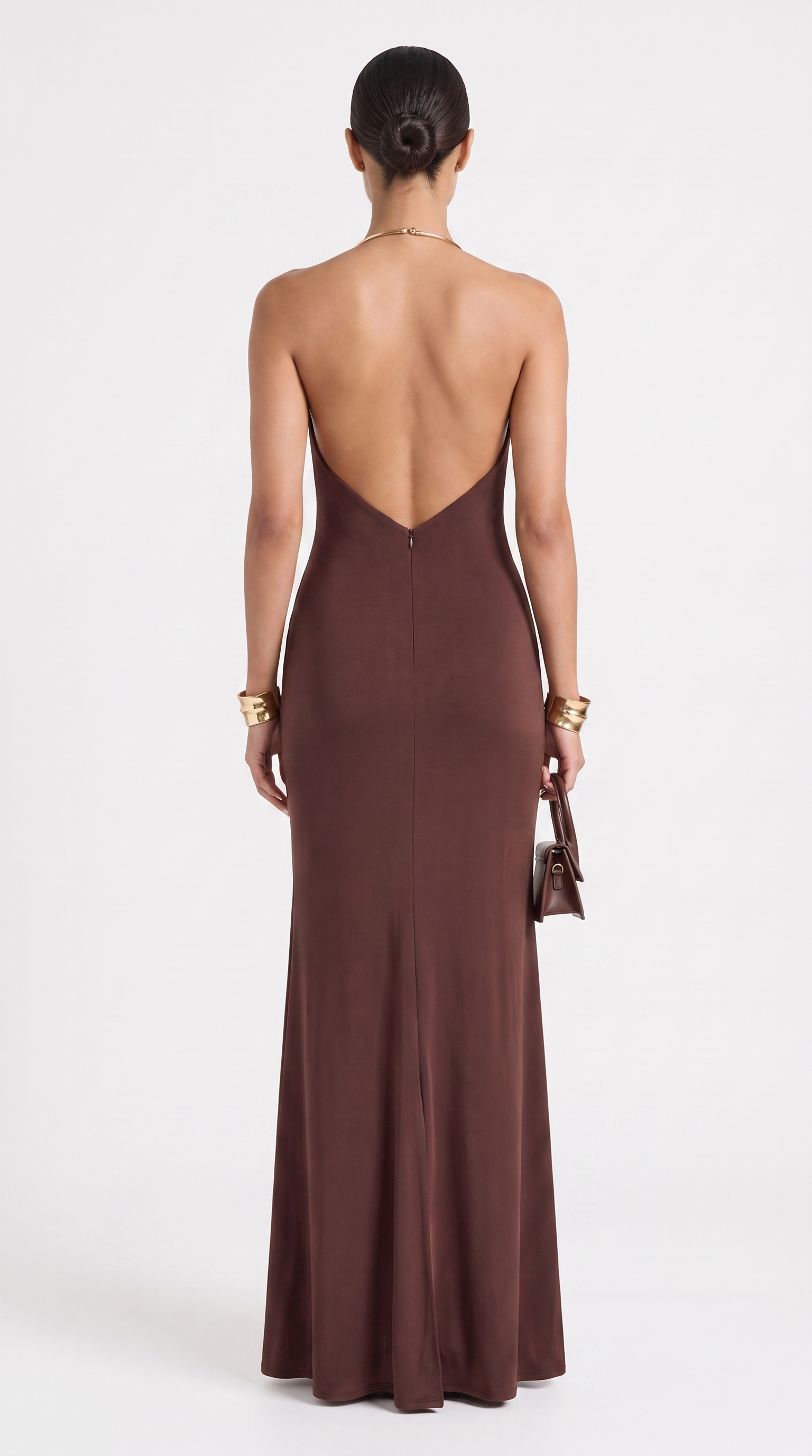 Ambra - Metallic Choker Draped Open-Back Maxi Dress Brown