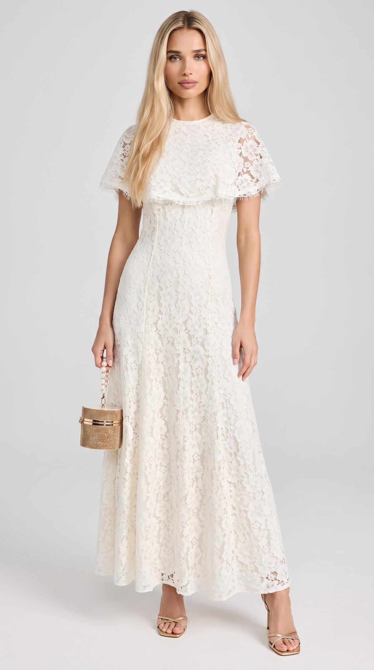 Elba - Lace Maxi Slip Dress with Detachable Capelet Ivory