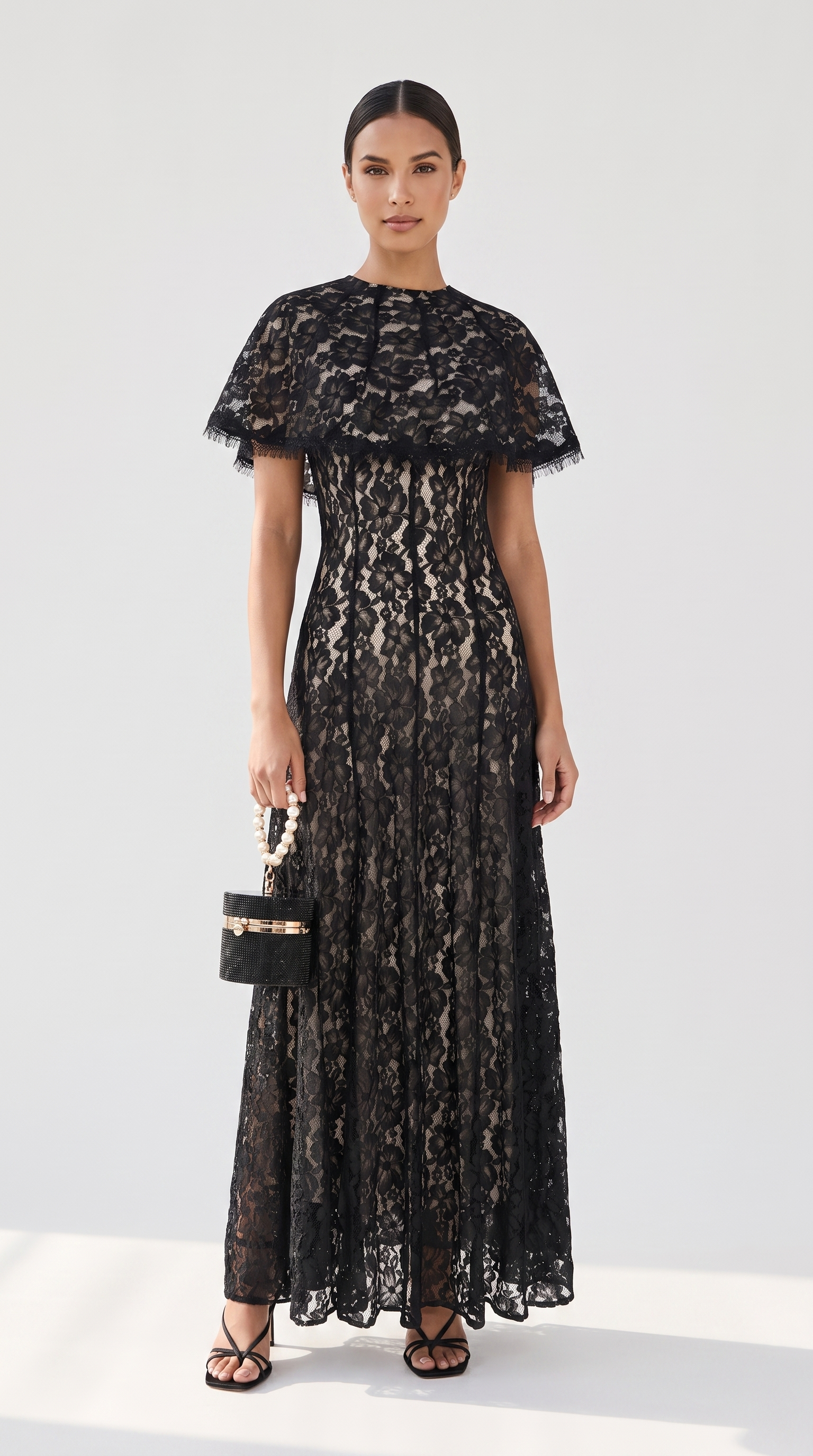 Elba - Lace Maxi Slip Dress with Detachable Capelet Black