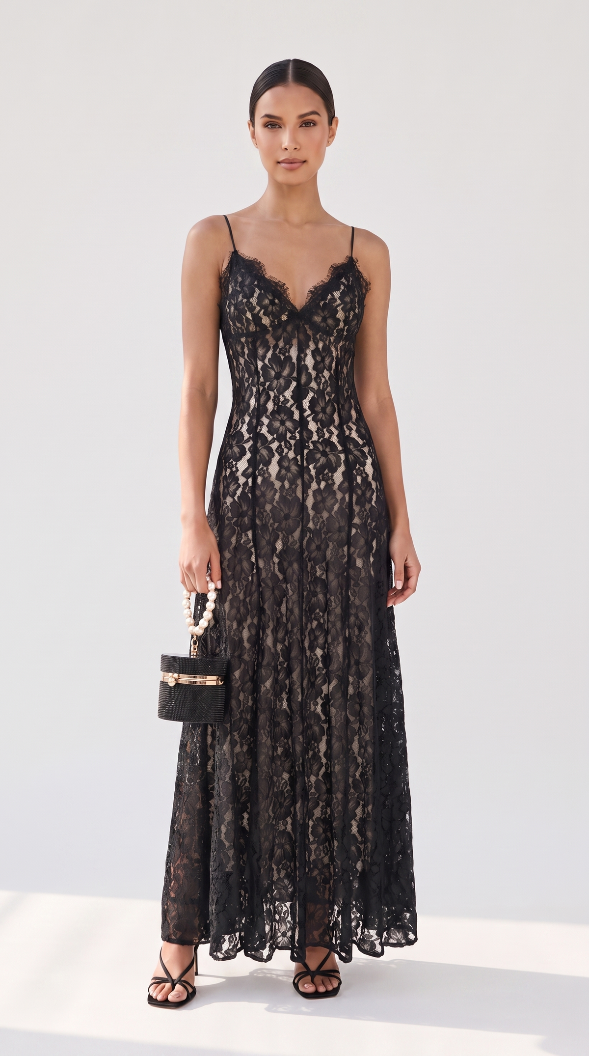 Elba - Lace Maxi Slip Dress with Detachable Capelet Black