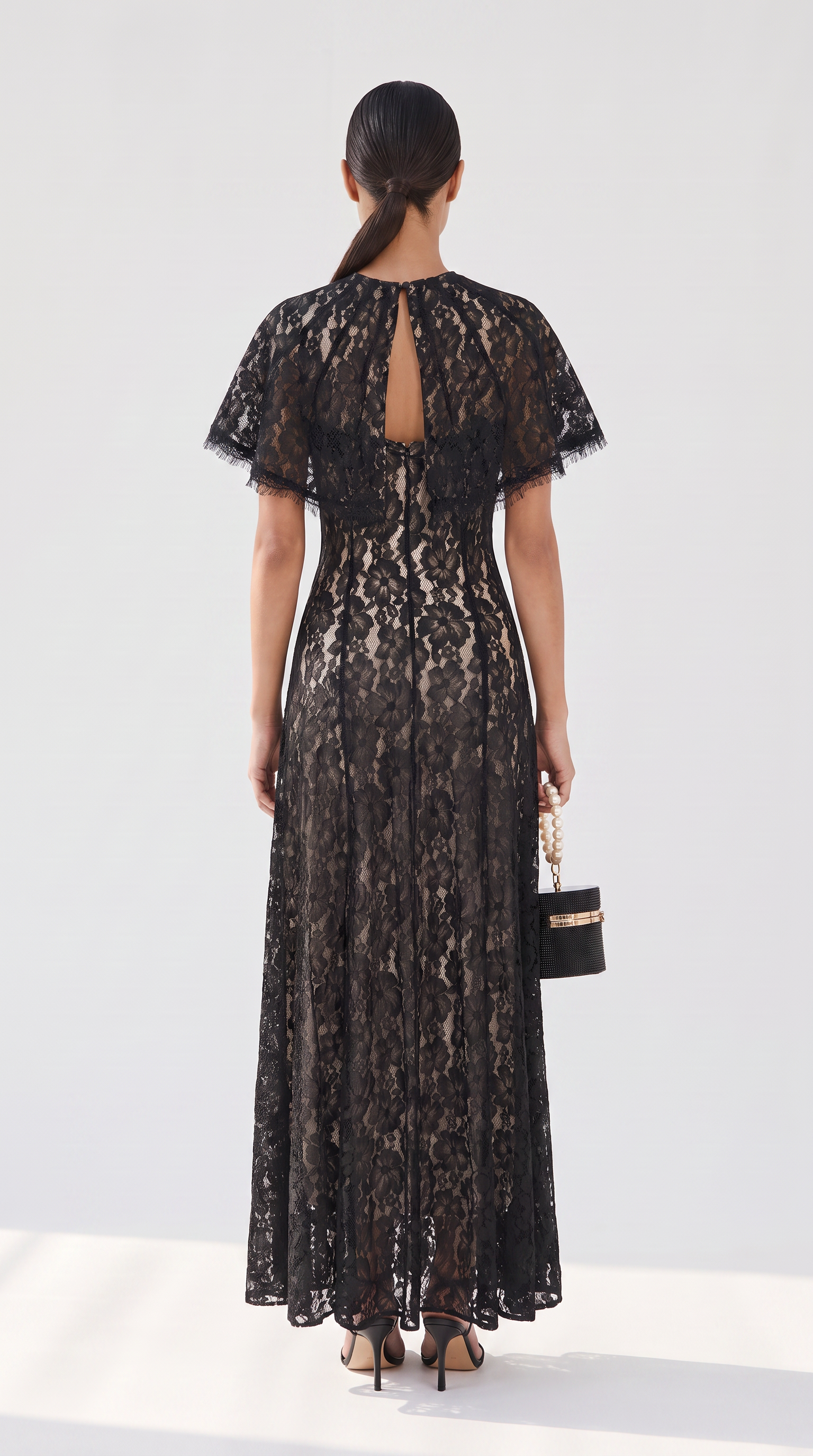 Elba - Lace Maxi Slip Dress with Detachable Capelet Black
