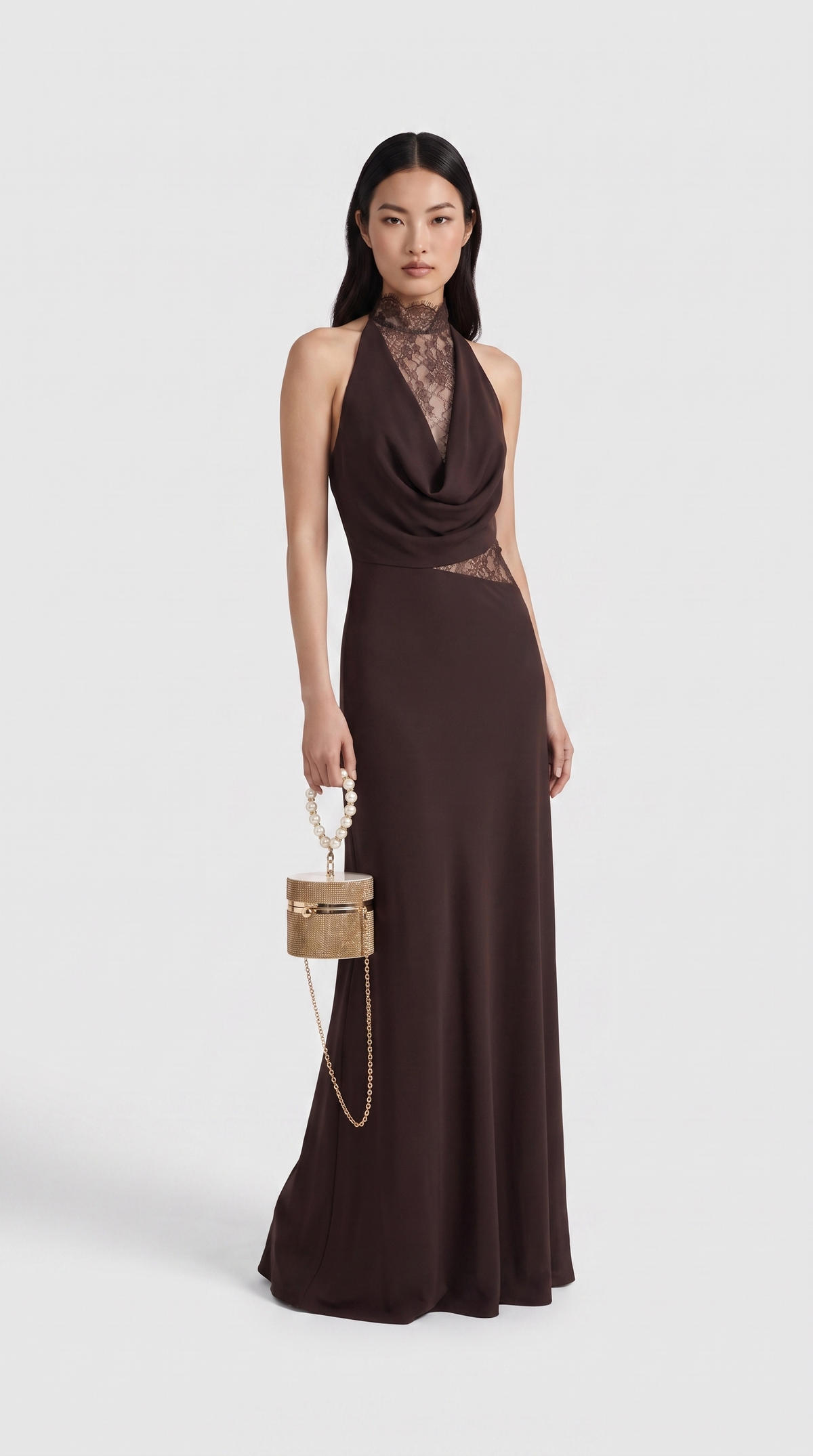 Sabi - Cowl-Neck Lace-Panel Open-Back Maxi Dress Brown