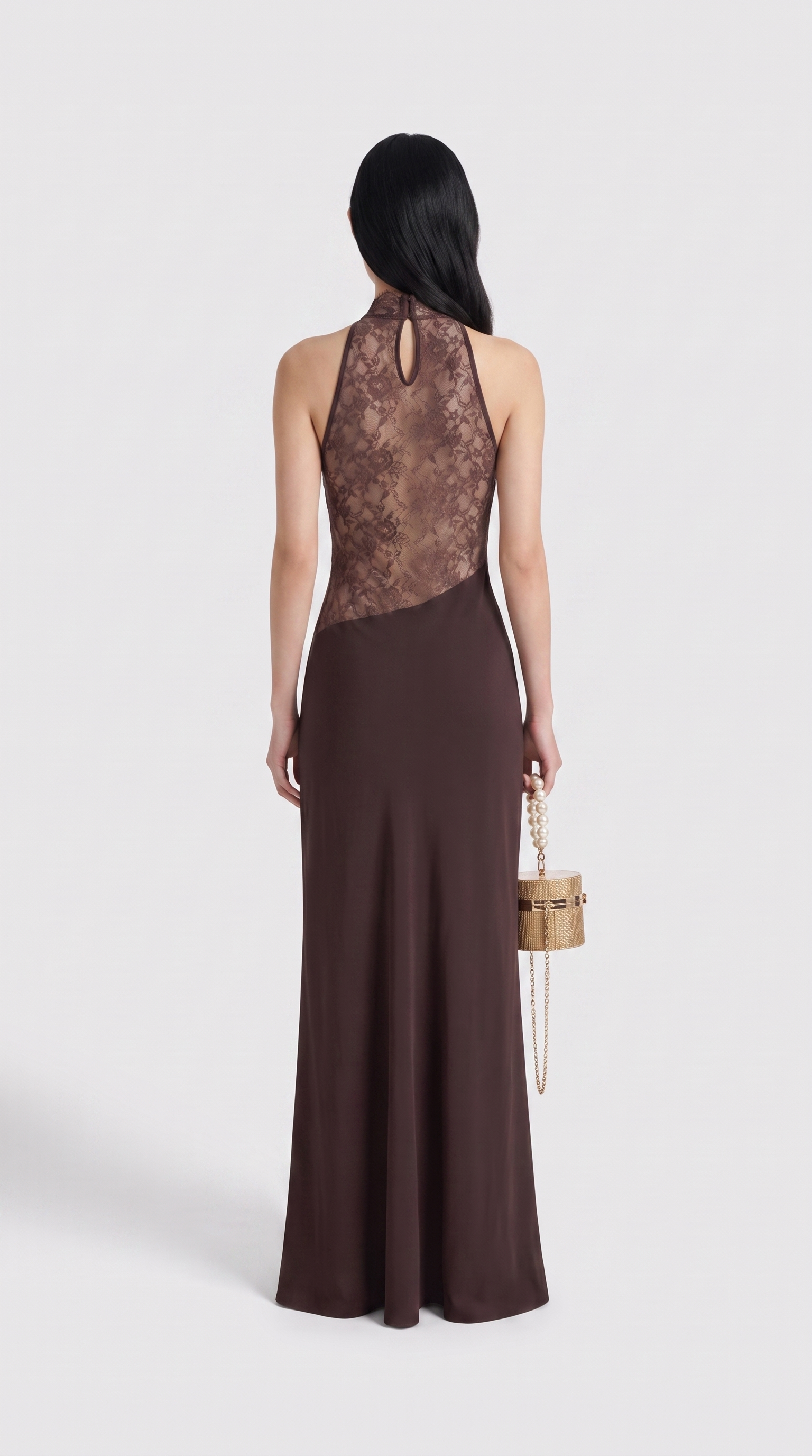 Sabi - Cowl-Neck Lace-Panel Open-Back Maxi Dress Brown