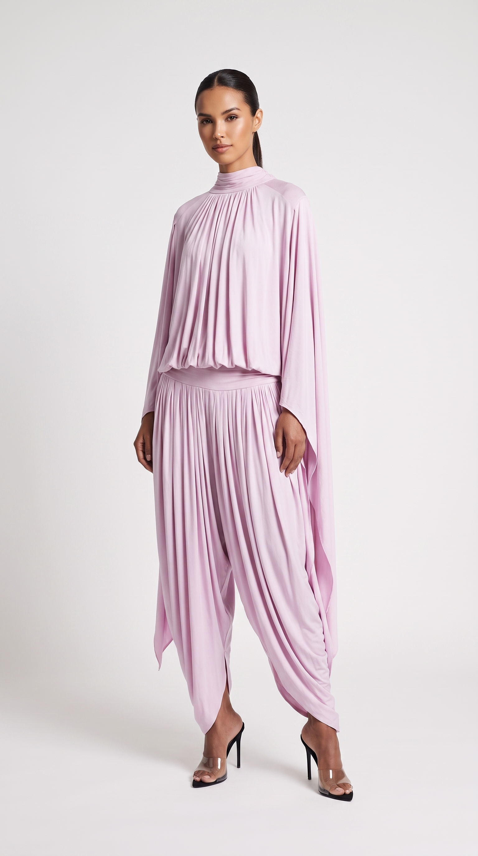 Nasia - Draped Cape Top & Pleated Harem Pants Two-Piece Set Pink
