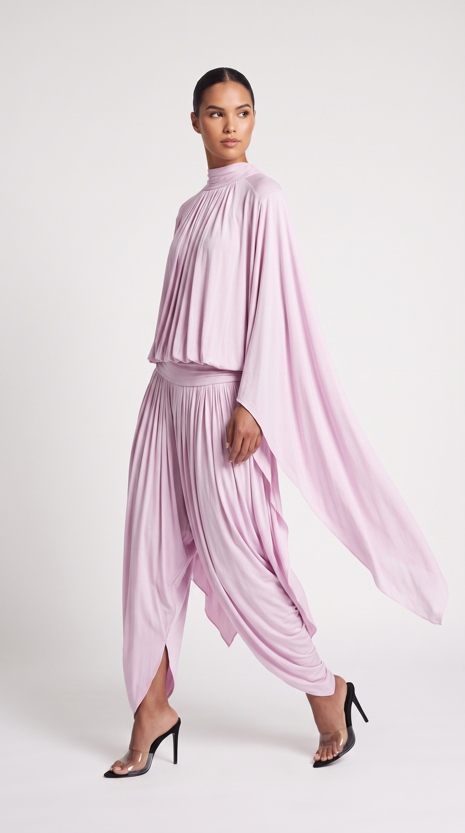 Nasia - Draped Cape Top & Pleated Harem Pants Two-Piece Set Pink