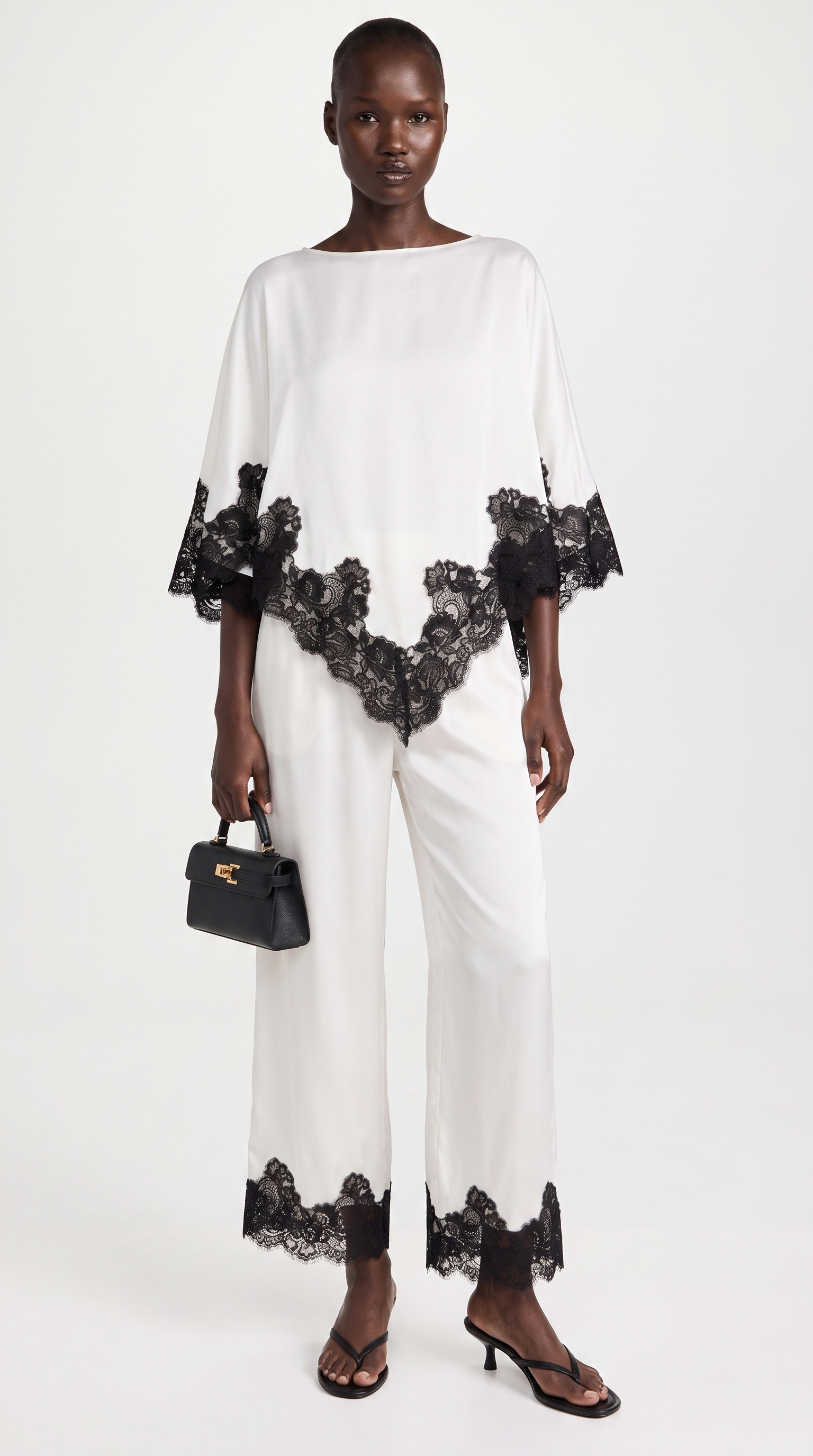 Anima - Lace-Trimmed Handkerchief Cape Top & Wide-Leg Pants Set White