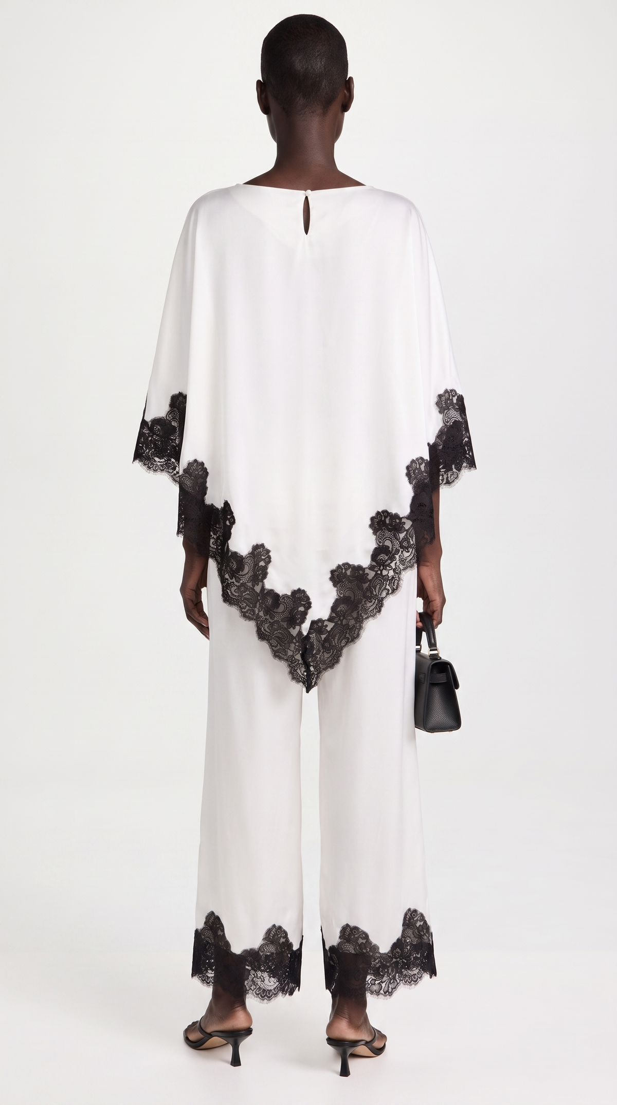 Anima - Lace-Trimmed Handkerchief Cape Top & Wide-Leg Pants Set White