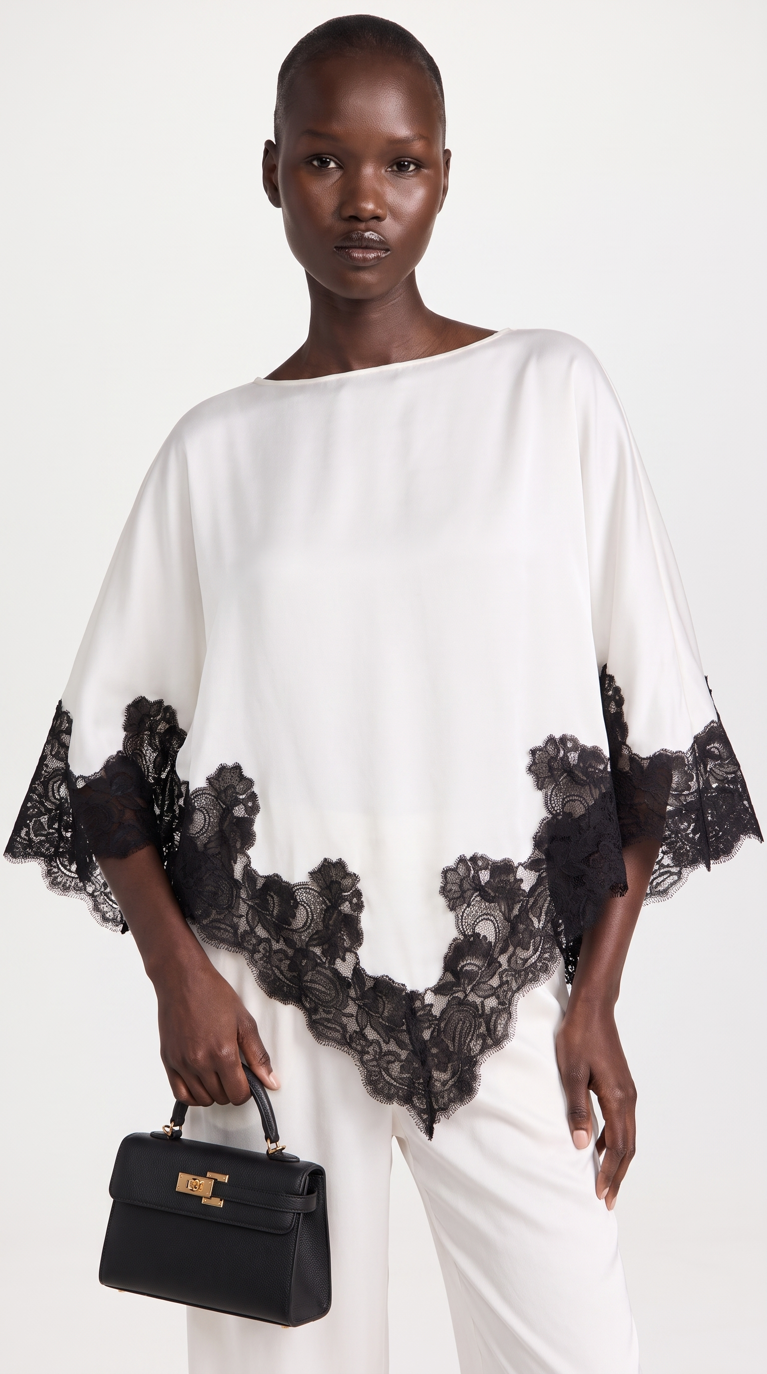 Anima - Lace-Trimmed Handkerchief Cape Top & Wide-Leg Pants Set White