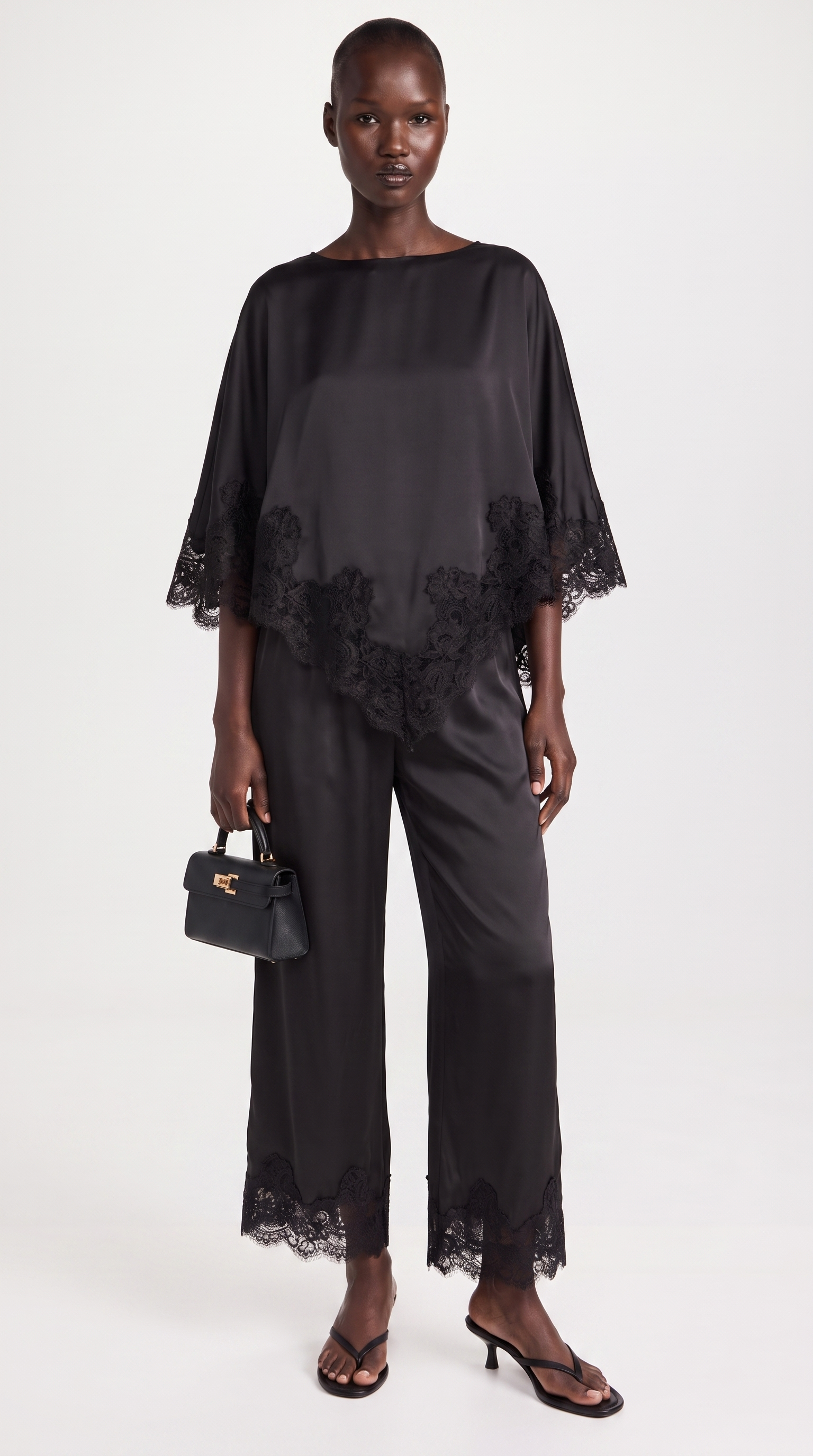 Anima - Lace-Trimmed Handkerchief Cape Top & Wide-Leg Pants Set Black