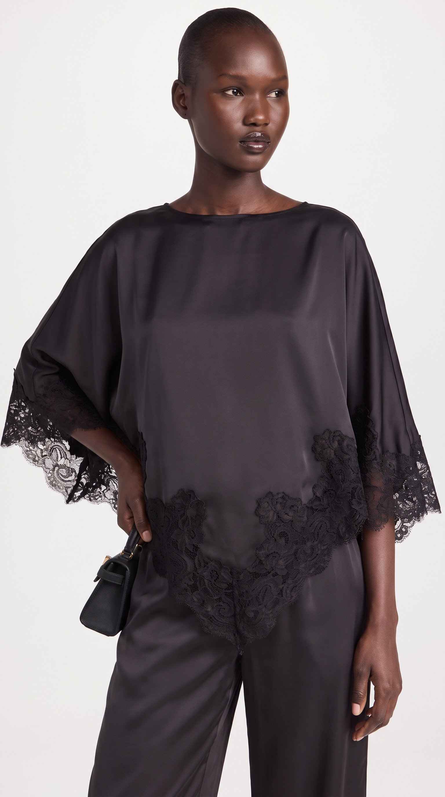 Anima - Lace-Trimmed Handkerchief Cape Top & Wide-Leg Pants Set Black