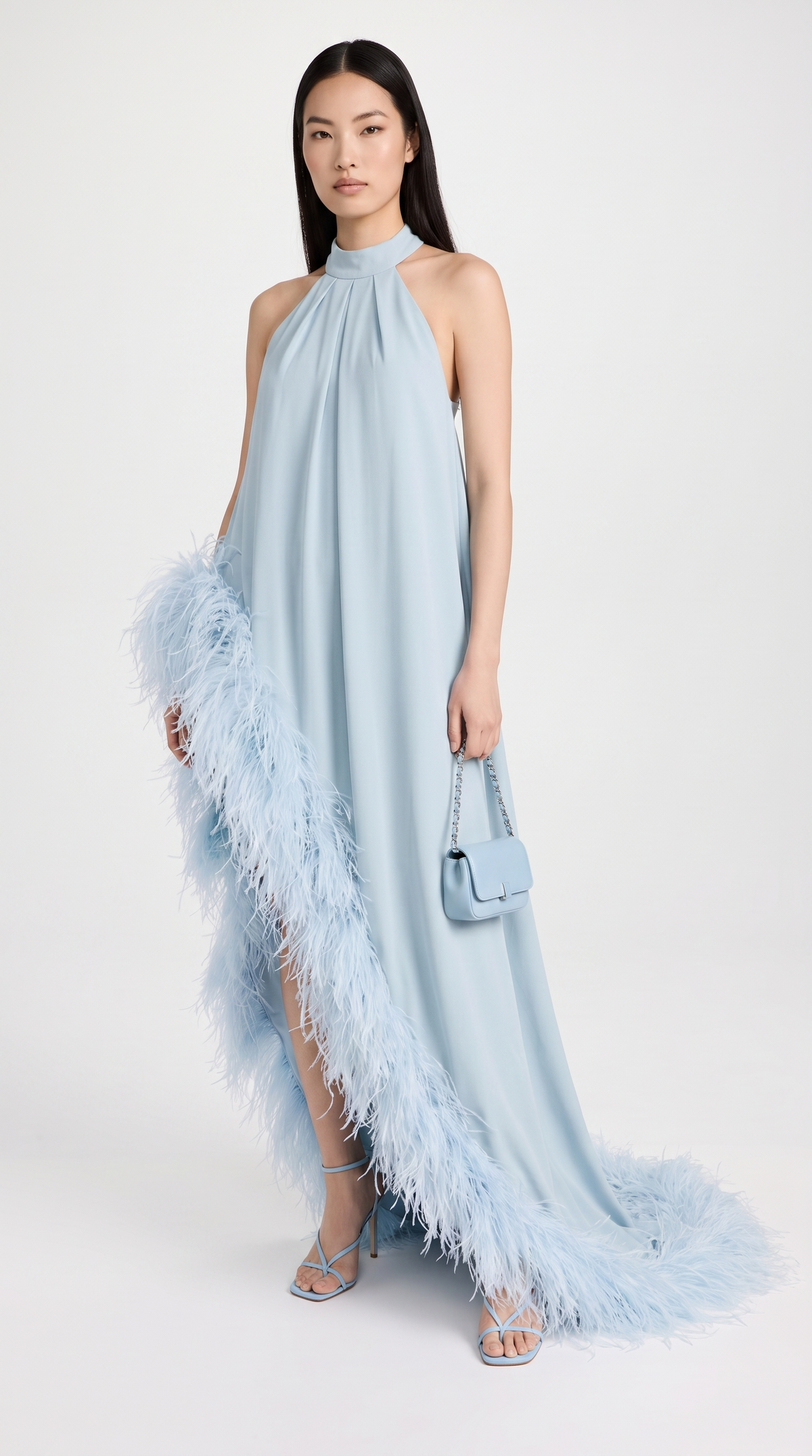 Delfi - Feather-Trimmed Asymmetric Halter Maxi Gown Blue