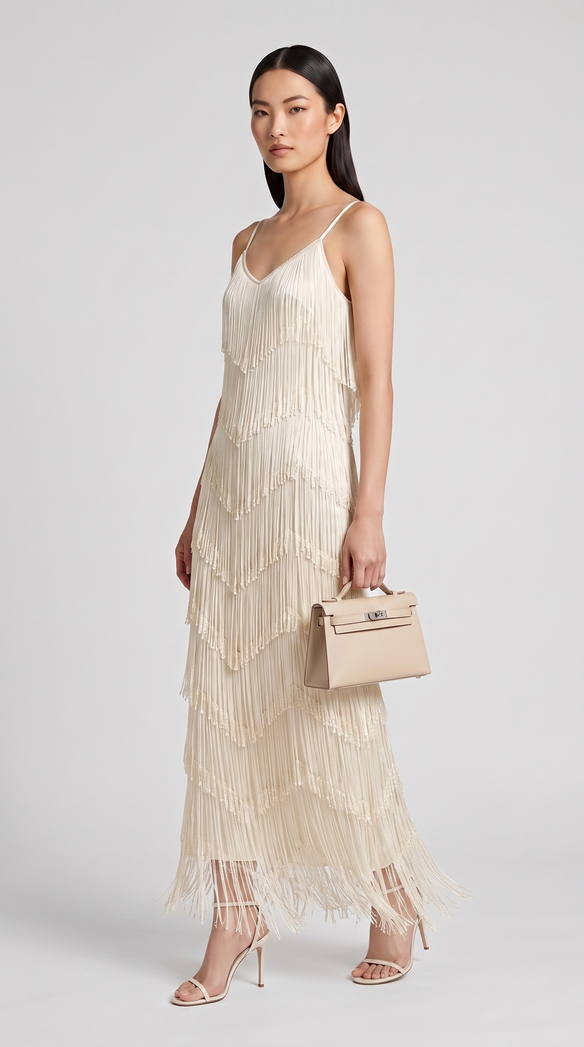 Menti - Tiered Chevron Fringe Open-Back Maxi Slip Dress Ivory