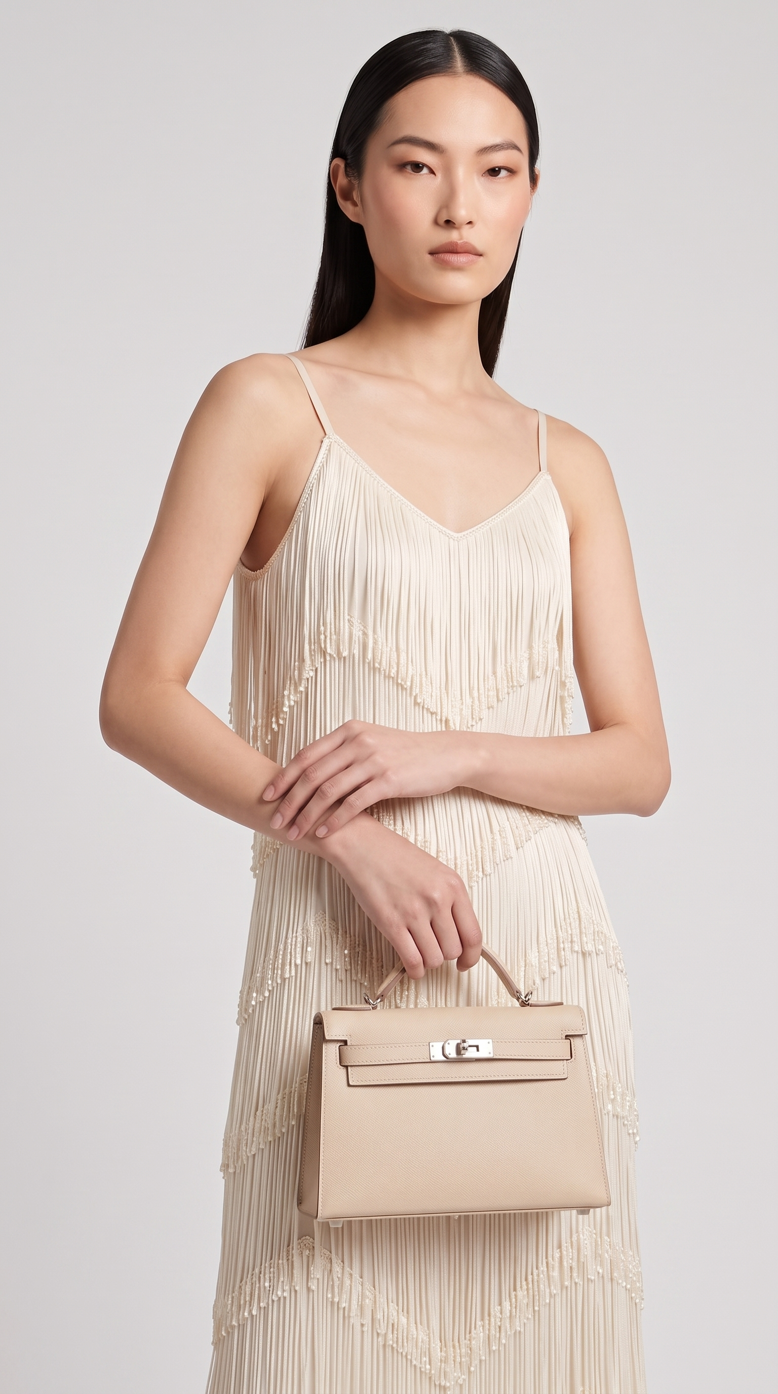 Menti - Tiered Chevron Fringe Open-Back Maxi Slip Dress Ivory