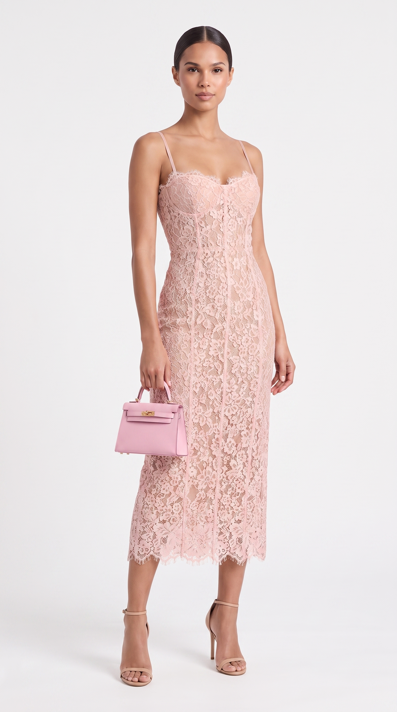 Lotri - Paneled Floral Lace Bustier Midi Dress Pink