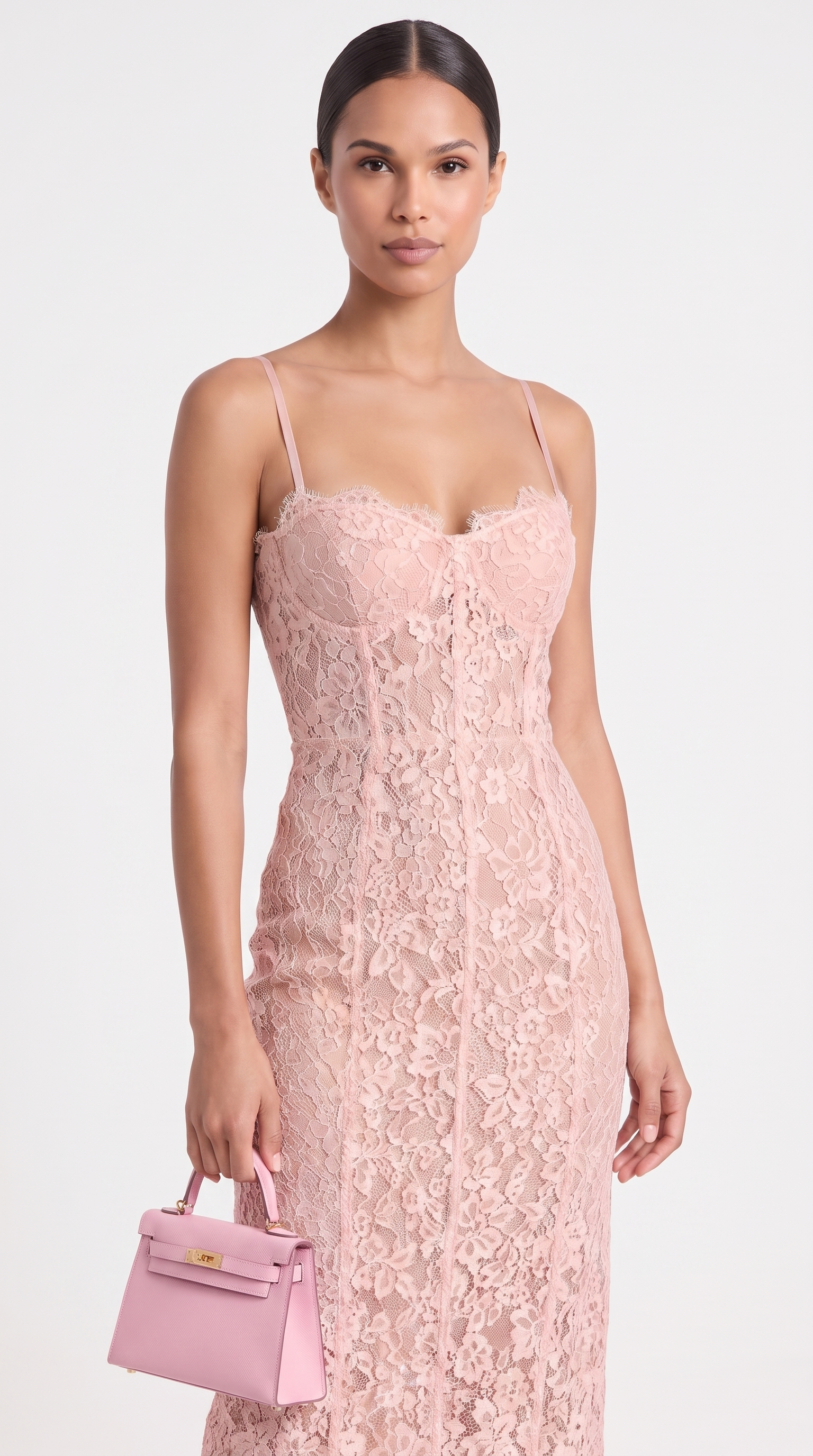 Lotri - Paneled Floral Lace Bustier Midi Dress Pink