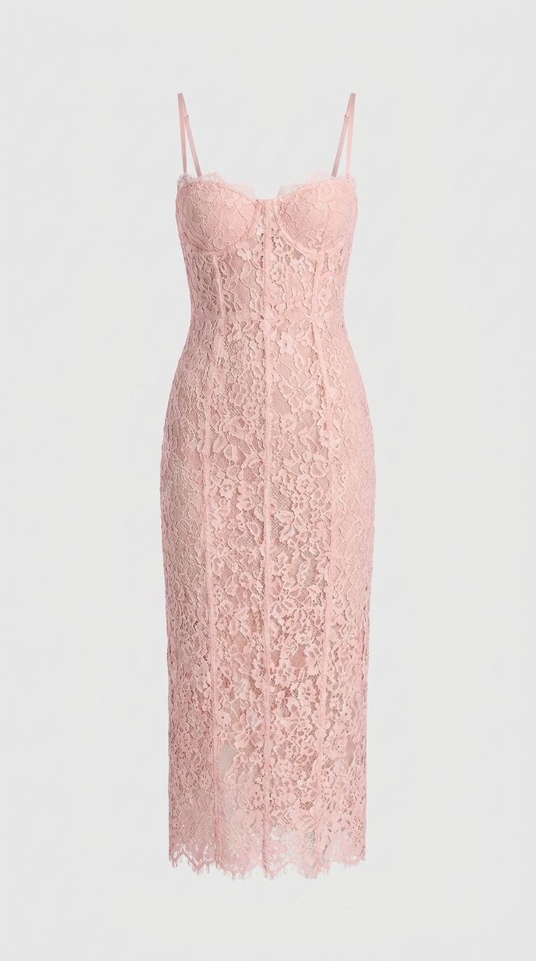 Lotri - Paneled Floral Lace Bustier Midi Dress Pink