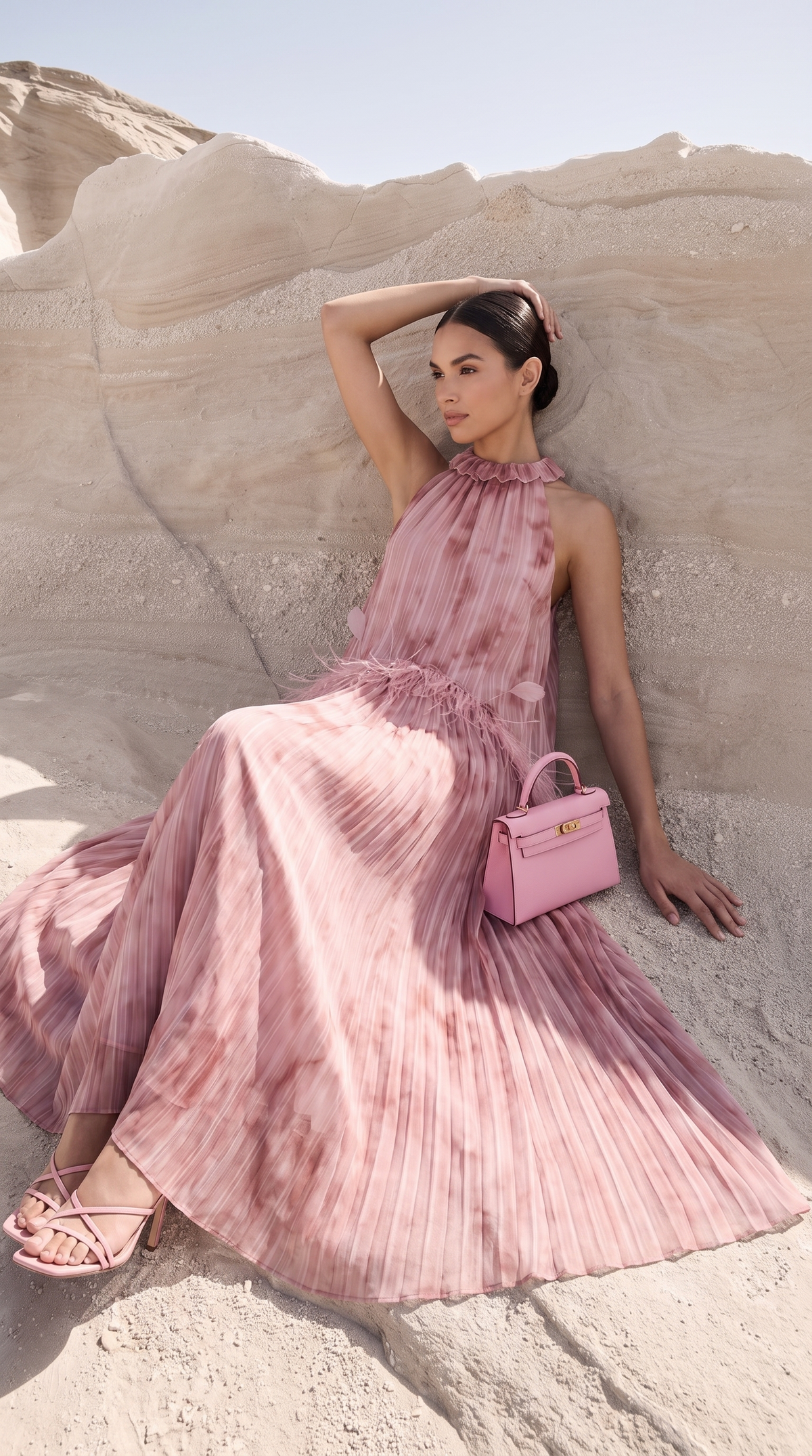 Nisi - Feather-Trimmed Pleated Halter Maxi Dress
