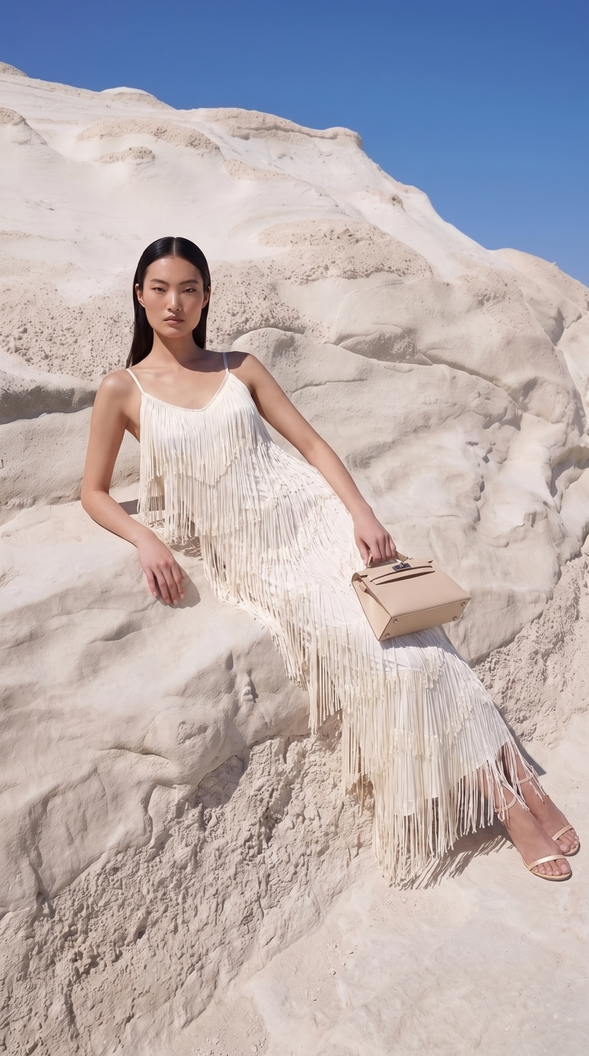 Menti - Tiered Chevron Fringe Open-Back Maxi Slip Dress Ivory