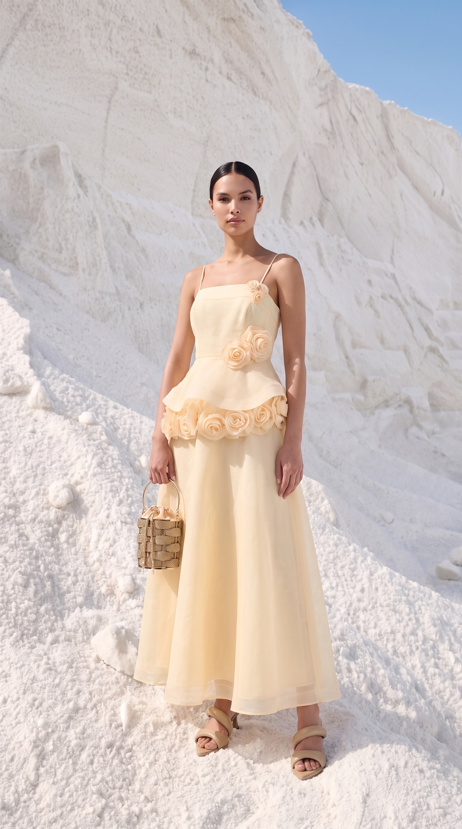Roda - 3D Rosette Peplum Maxi Dress Yellow